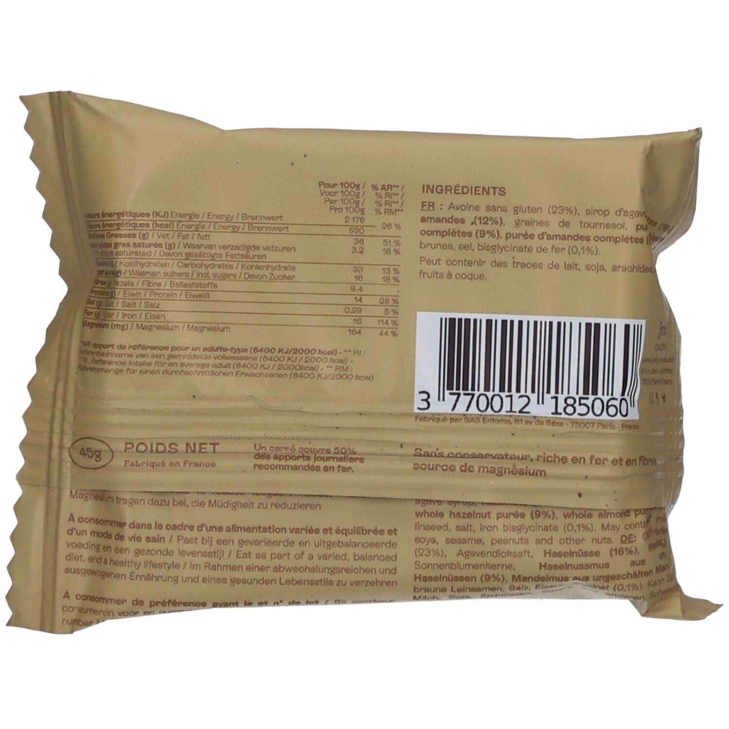 Dos de l'emballage. Liste des ingrédients et informations nutritionnelles. Code-barres et poids "45g".