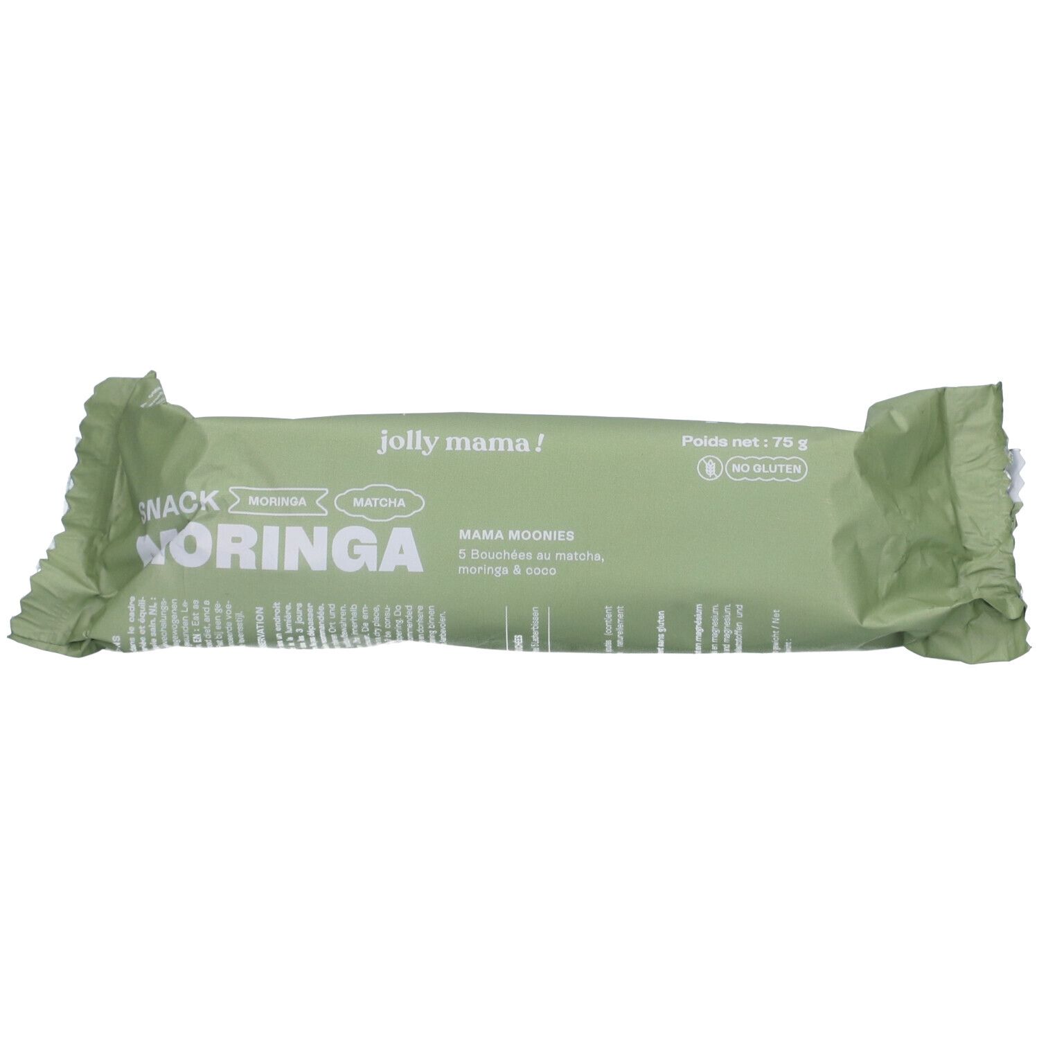 Barre de collation JOLLY MAMA MOONIES dans un emballage vert. Inscription : Moringa, Matcha, sans gluten. Poids net : 75 g.
