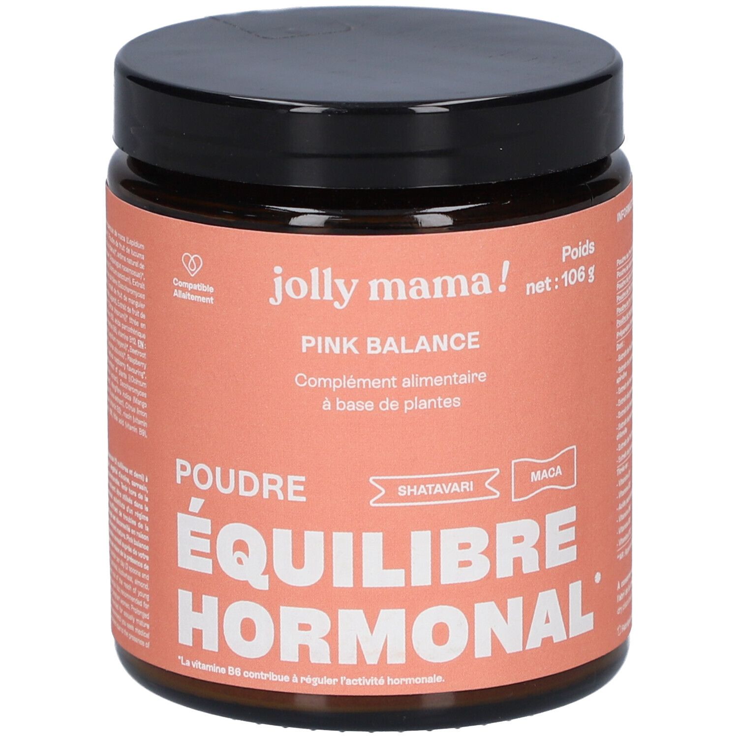 Pot JOLLY MAMA Pink Balance Poudre Equilibre Hormonal. Étiquette rose, couvercle noir. Texte: Poudre Équilibre Hormonal.