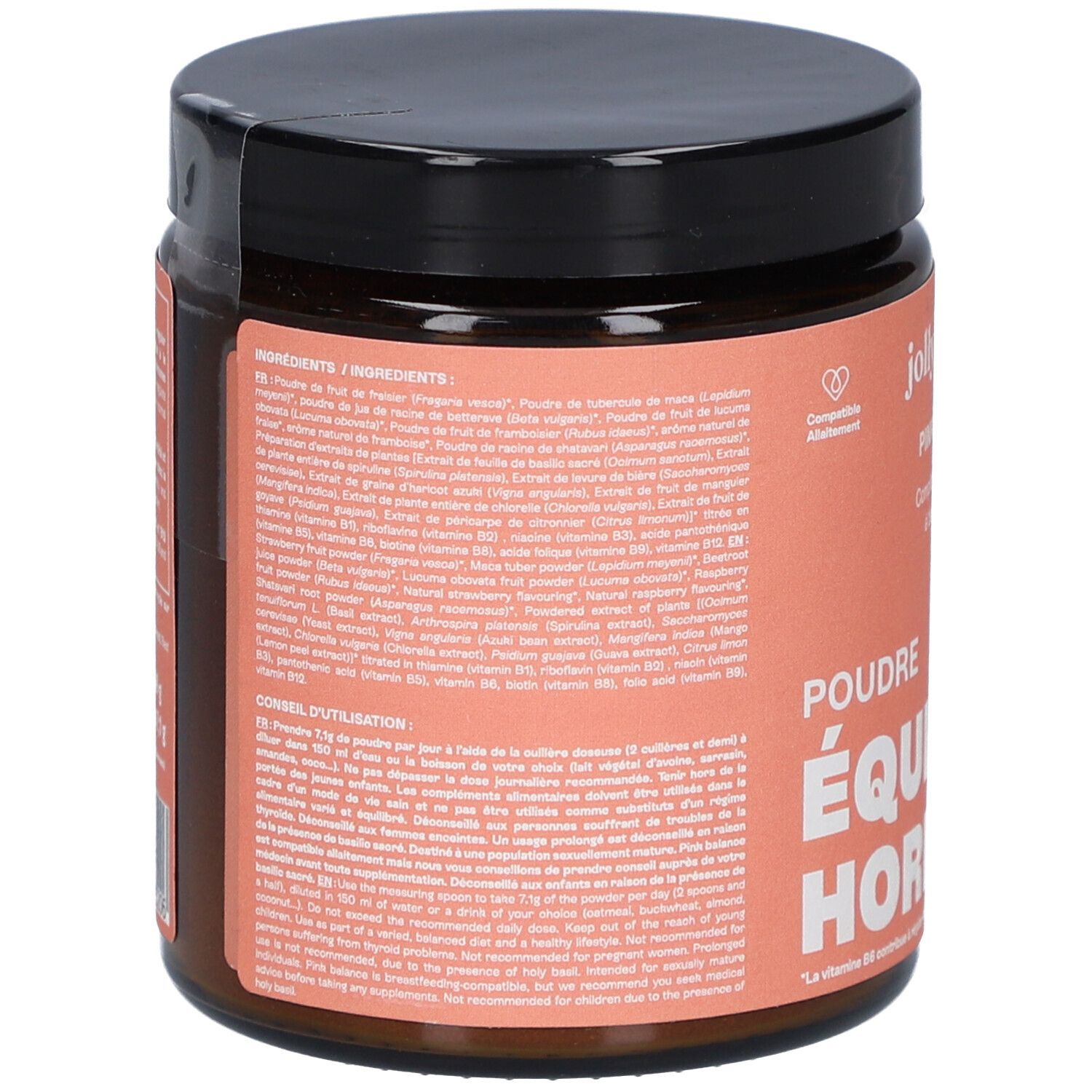 Dos du pot JOLLY MAMA Pink Balance. Texte: Ingrédients, conseils d'utilisation. Étiquette rose, couvercle noir.