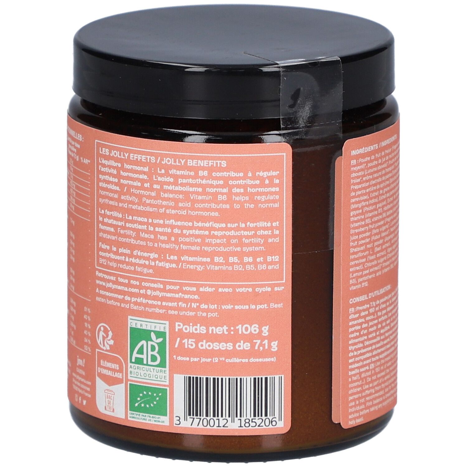 Pot JOLLY MAMA Pink Balance. Texte: Jolly Benefits, certification AB. Étiquette rose, couvercle noir. Poids net: 106g.