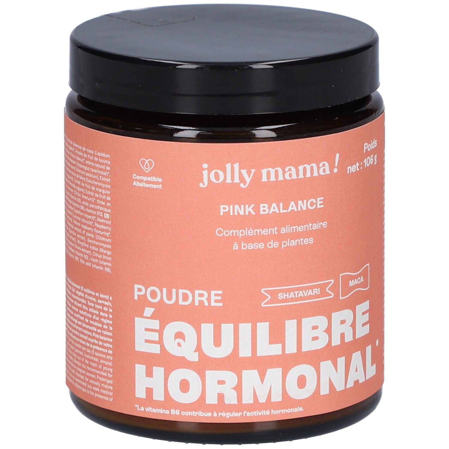 Pot JOLLY MAMA Pink Balance Poudre Equilibre Hormonal. Étiquette rose, couvercle noir. Texte: Poudre Équilibre Hormonal.