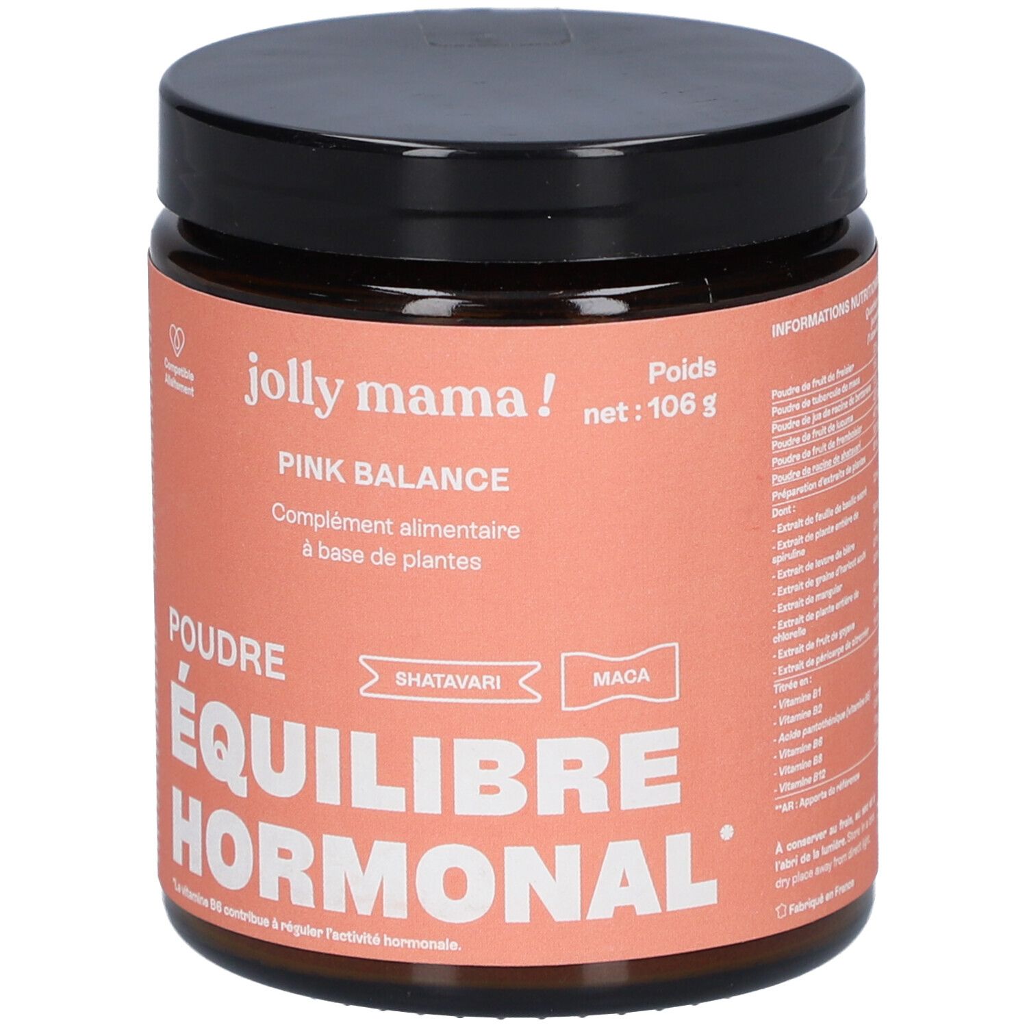 Pot JOLLY MAMA Pink Balance Poudre Equilibre Hormonal. Étiquette rose, couvercle noir. Texte: Poudre Équilibre Hormonal.