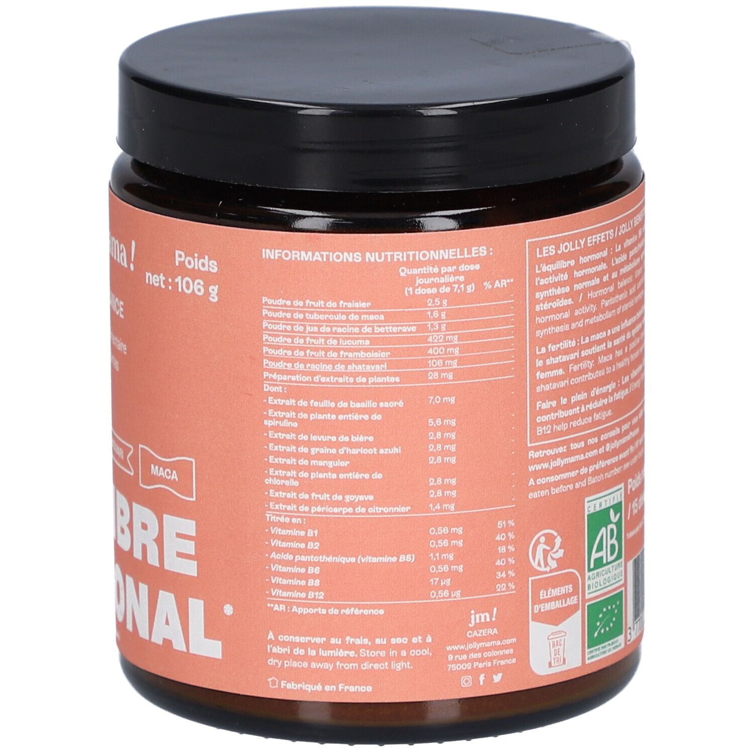 Dos du pot JOLLY MAMA Pink Balance. Texte: Informations nutritionnelles, Jolly Benefits. Étiquette rose, couvercle noir.