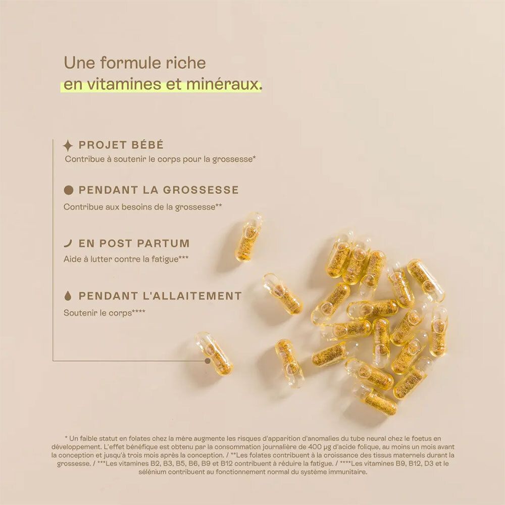 Capsules avec contenu jaune. Texte: "Une formule riche en vitamines et minéraux".