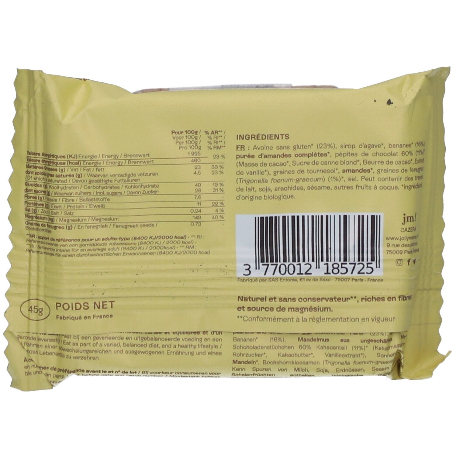 Dos de l'emballage JOLLY MAMA SNACK BANANA-CHOC. Liste des ingrédients, informations nutritionnelles, code-barres, 45g.