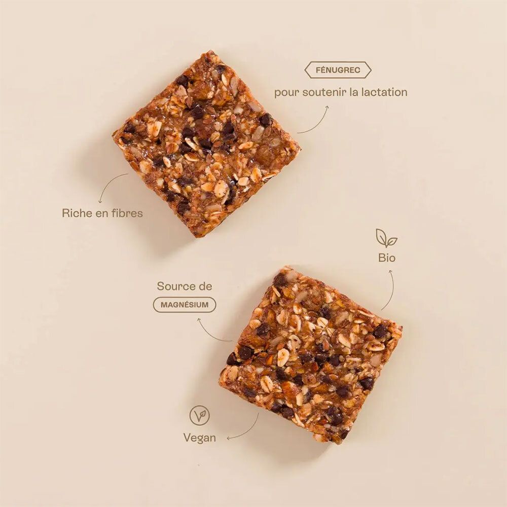 Deux barres carrées avec texte et symboles. Texte: "Riche en fibres", "Source de magnésium", "Fenugrec". Symboles: Bio, Vegan.