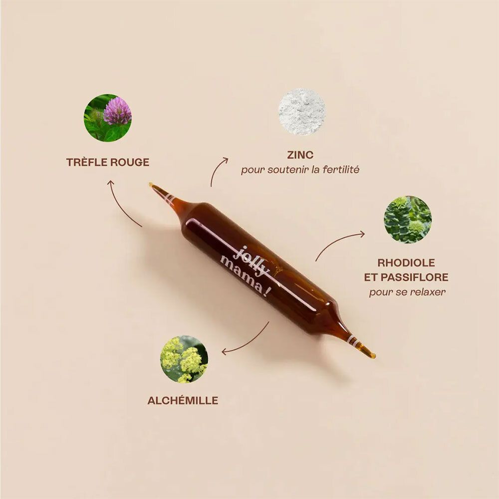 Ampoule marron avec ingrédients : Trèfle rouge, zinc, alchémille, rhodiola et passiflore.