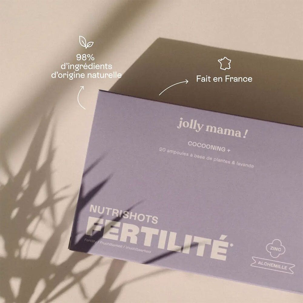 Boîte lilas avec 'jolly mama!' et 'COCOONING +'. Contient 98% d'ingrédients naturels. Fabriqué en France.