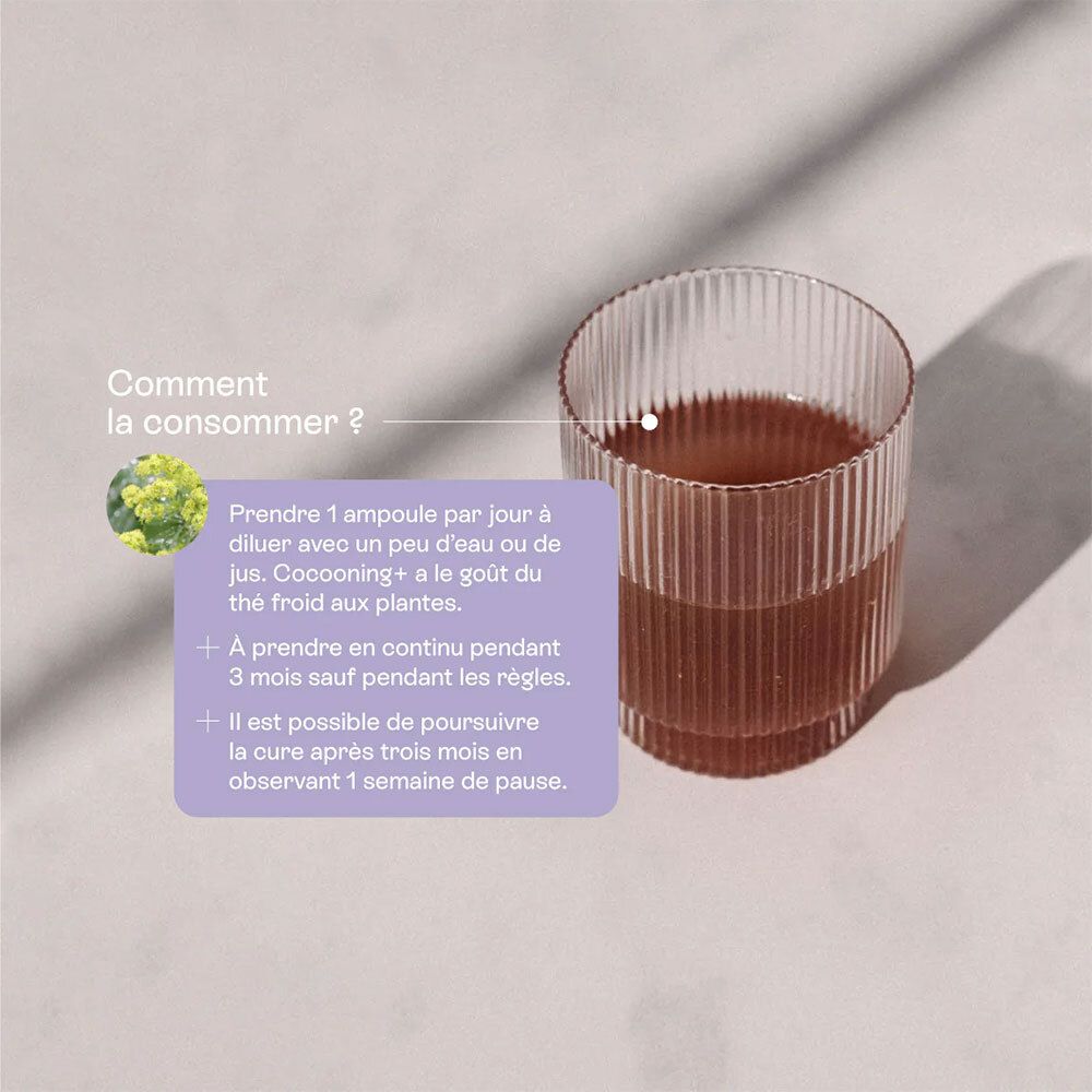 Verre avec liquide. Texte : 'Comment consommer ?'. Instructions pour prendre 1 ampoule par jour.