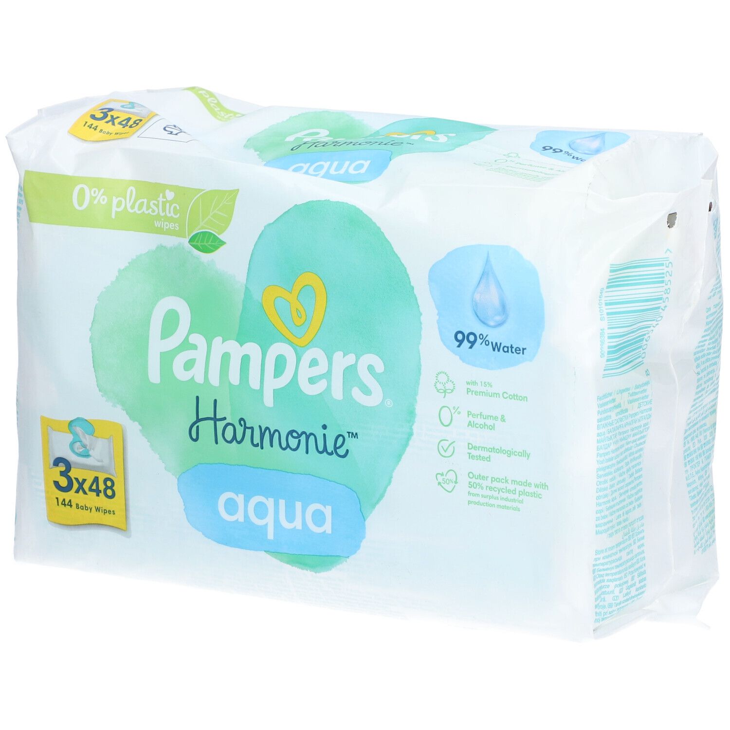 Paquet de lingettes Pampers Harmonie Aqua. 3x48 lingettes. Emballage avec cœur vert, 0% plastique, 99% eau.