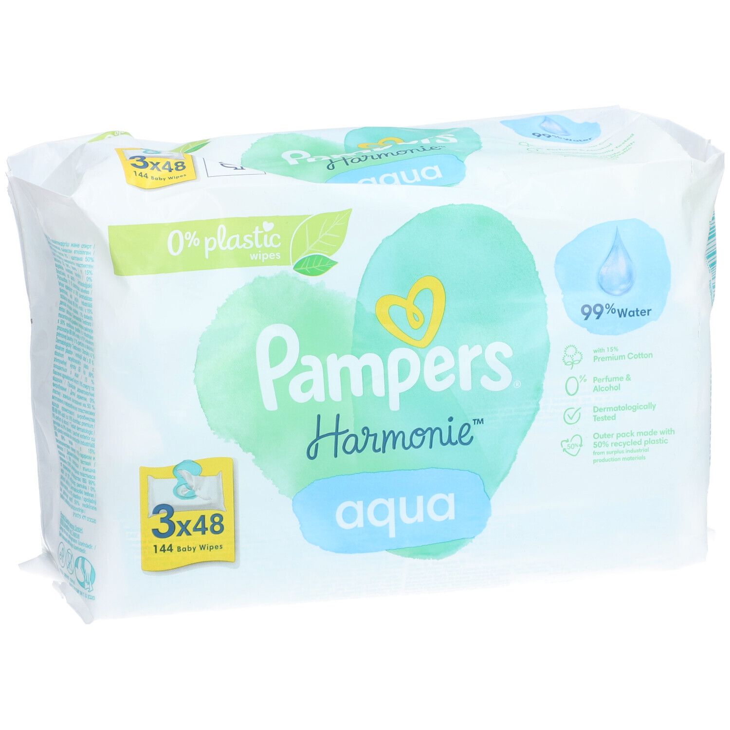 Paquet de lingettes Pampers Harmonie Aqua. 3x48 lingettes. Emballage avec cœur vert, 0% plastique, 99% eau.