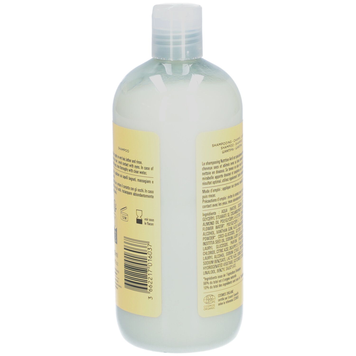 Dos du flacon de Shampooing Nutrition. Texte sur étiquette jaune. Ingrédients et informations sur le produit.