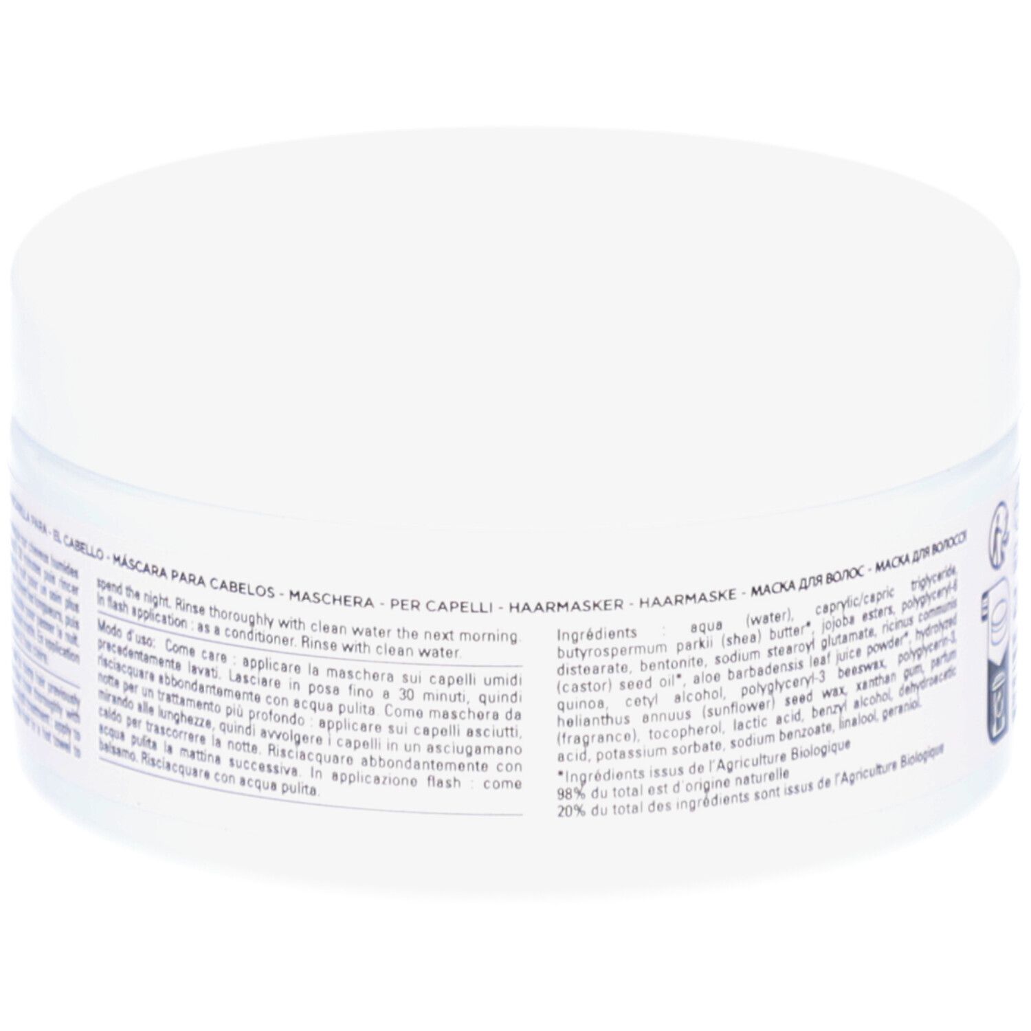 Pot blanc, dos. Texte multilingue. Liste des ingrédients. Mode d'emploi.