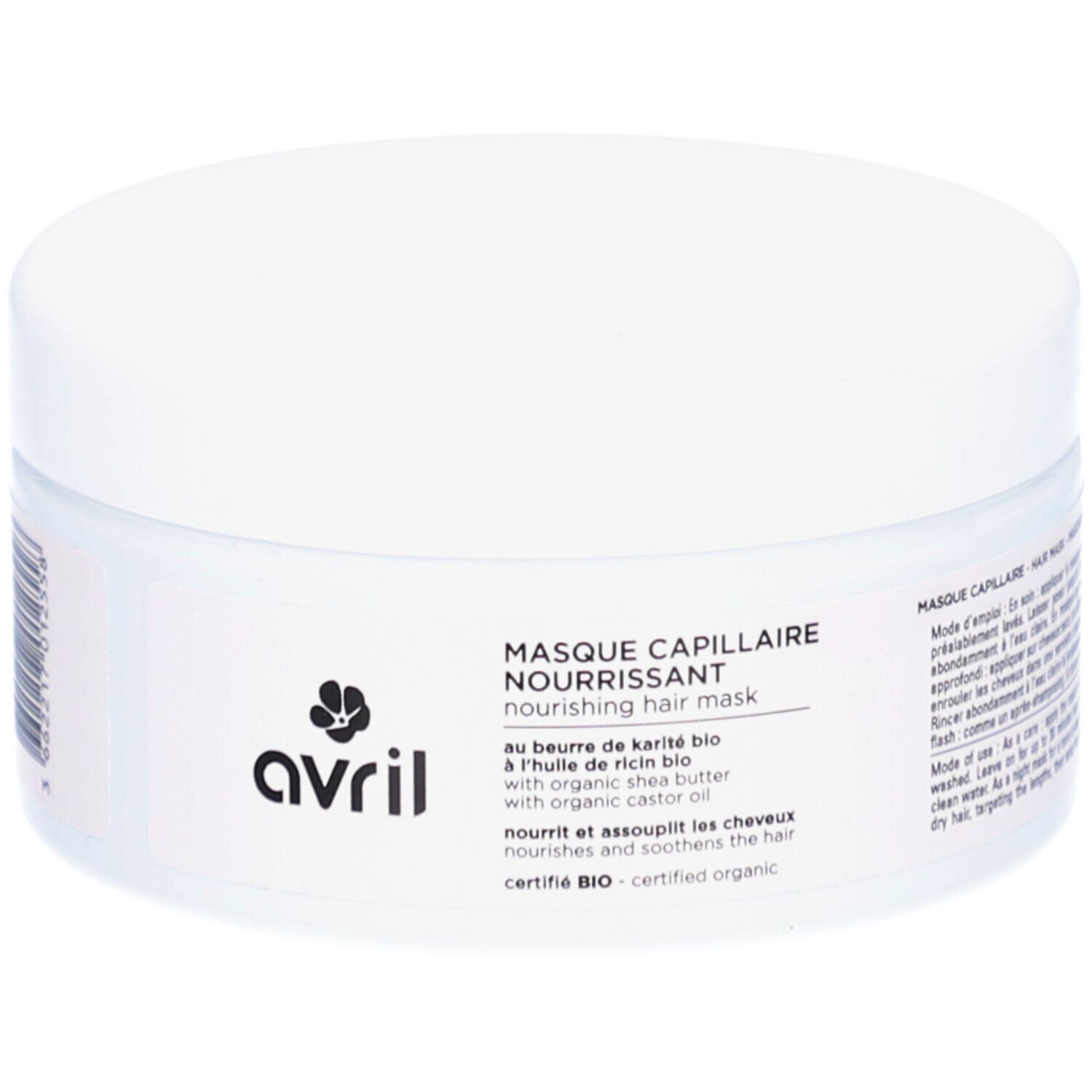 Pot blanc avec couvercle. Inscription: AVRIL, Masque Capillaire Nourrissant. Certifié Bio.