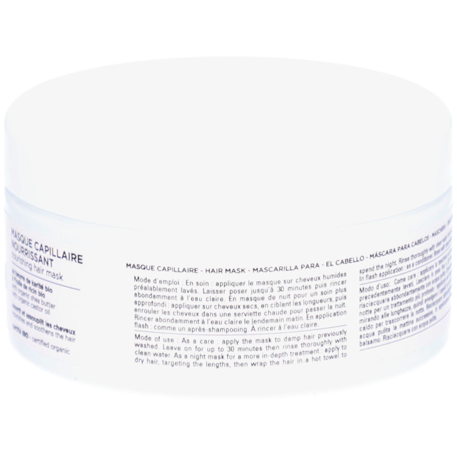 Pot blanc, dos. Inscription: Masque Capillaire Nourrissant. Mode d'emploi.