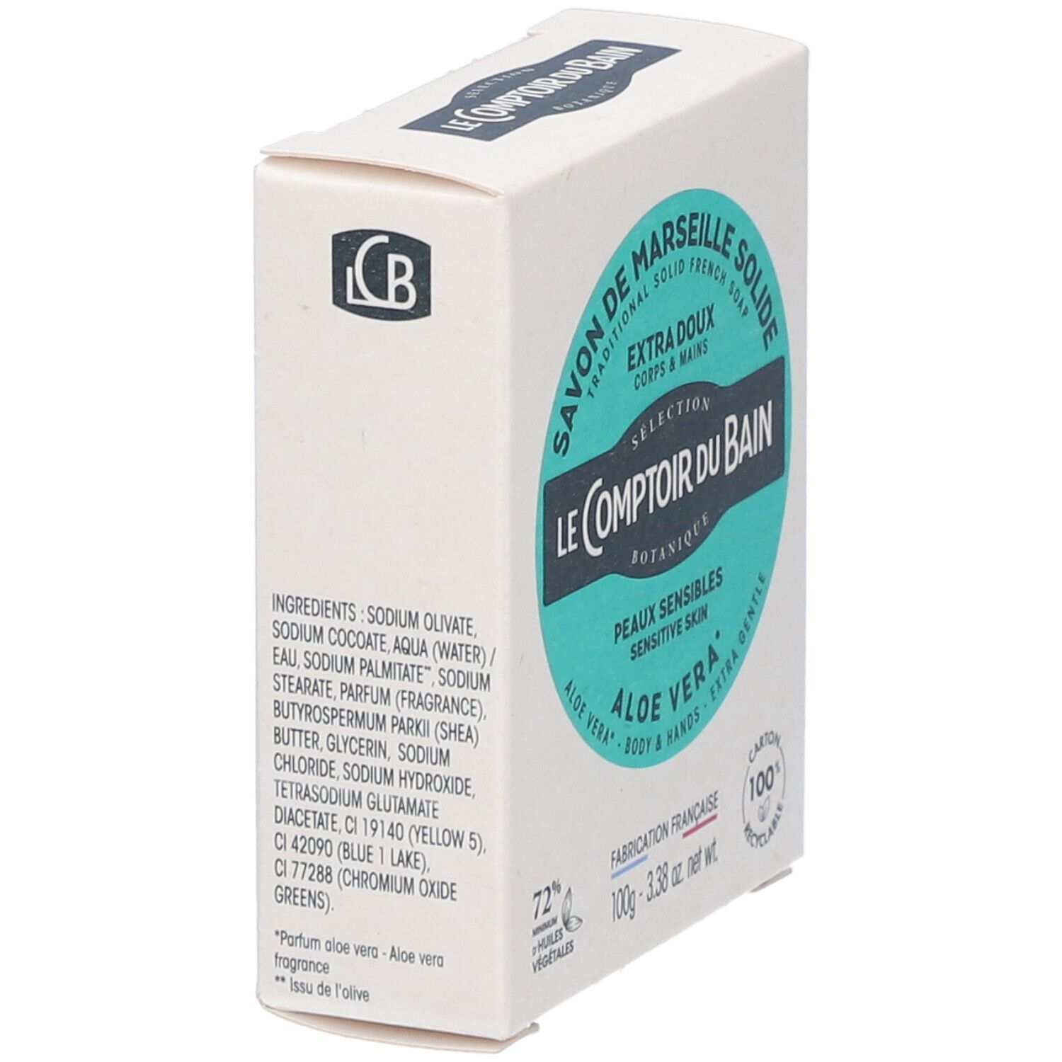 Boîte blanche avec informations produit. Texte: Savon de Marseille solide, Aloe Vera. Ingrédients et logo.