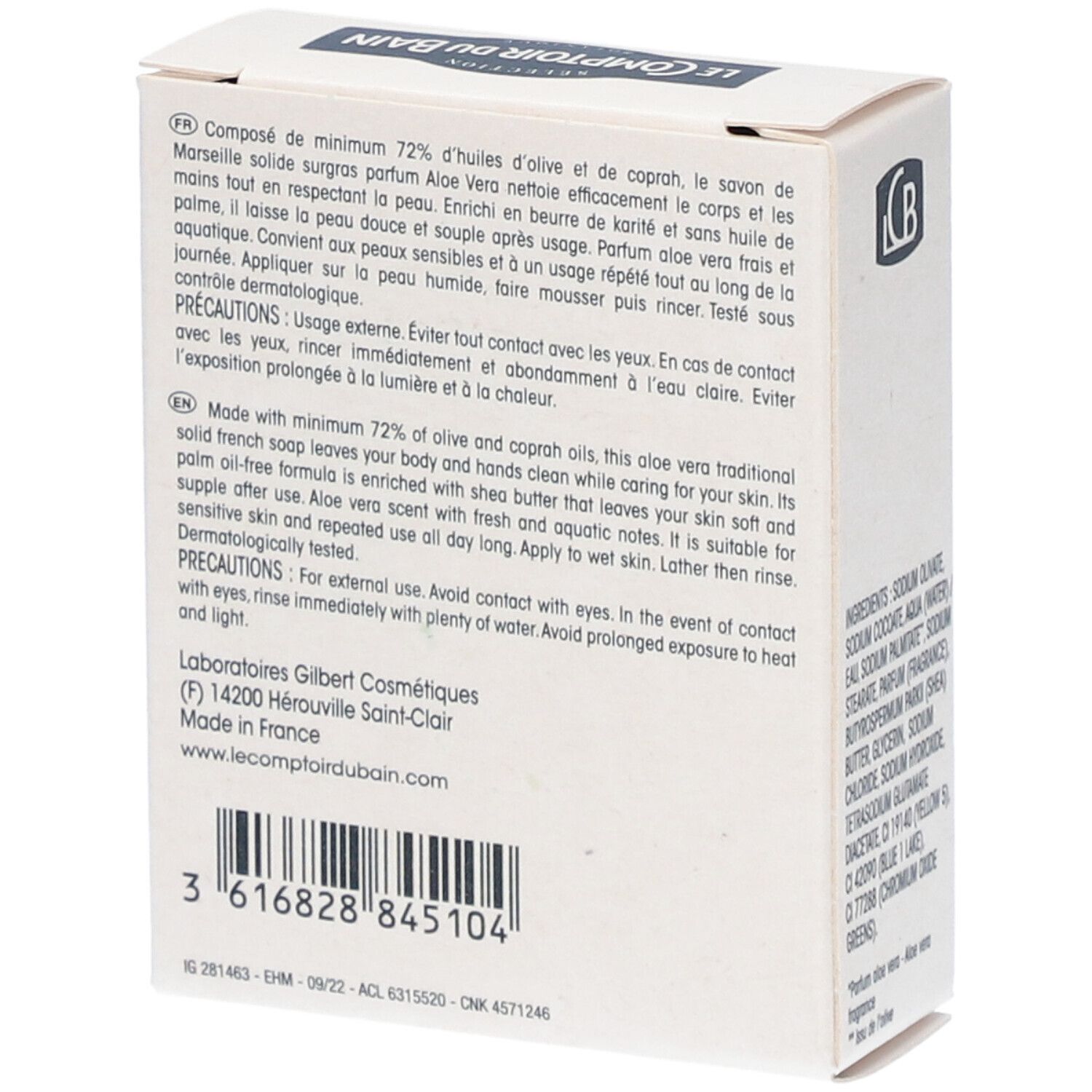 Dos de l'emballage blanc. Texte: description du produit, précautions, informations fabricant et code-barres.