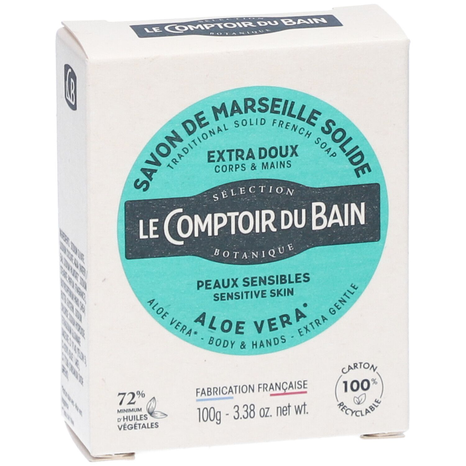 Face avant de l'emballage blanc. Texte: Savon de Marseille solide, Aloe Vera. Logo et informations produit.