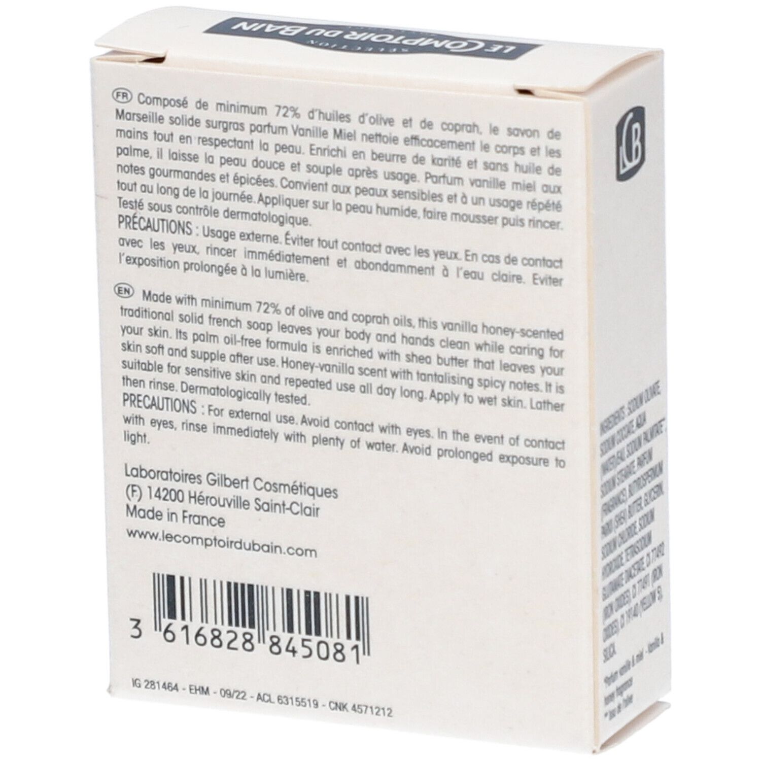 Dos de la boîte. Texte en français et anglais. Ingrédients, mode d'emploi, informations fabricant.