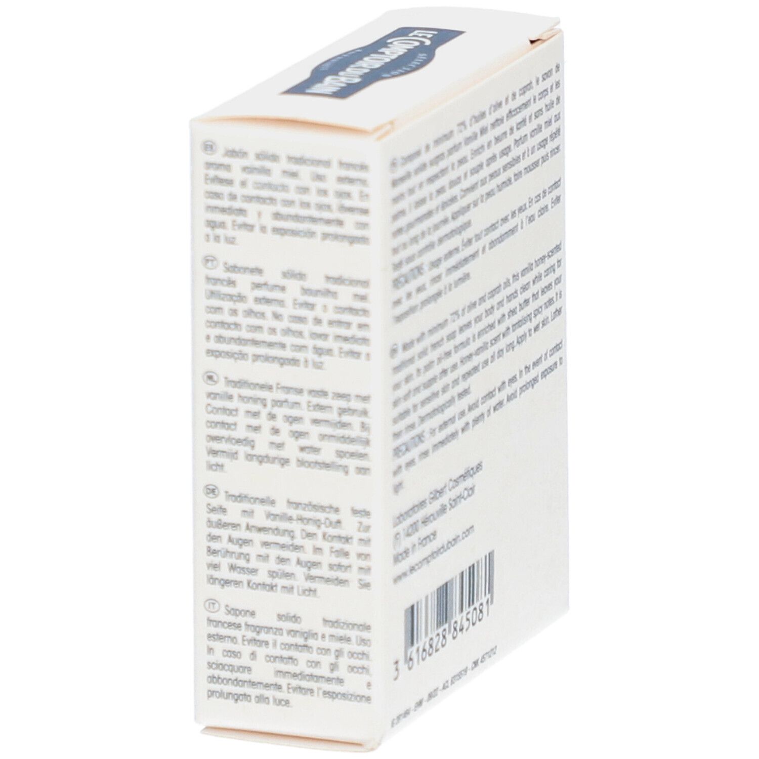 Boîte en biais. Texte en plusieurs langues. Code-barres et informations fabricant.