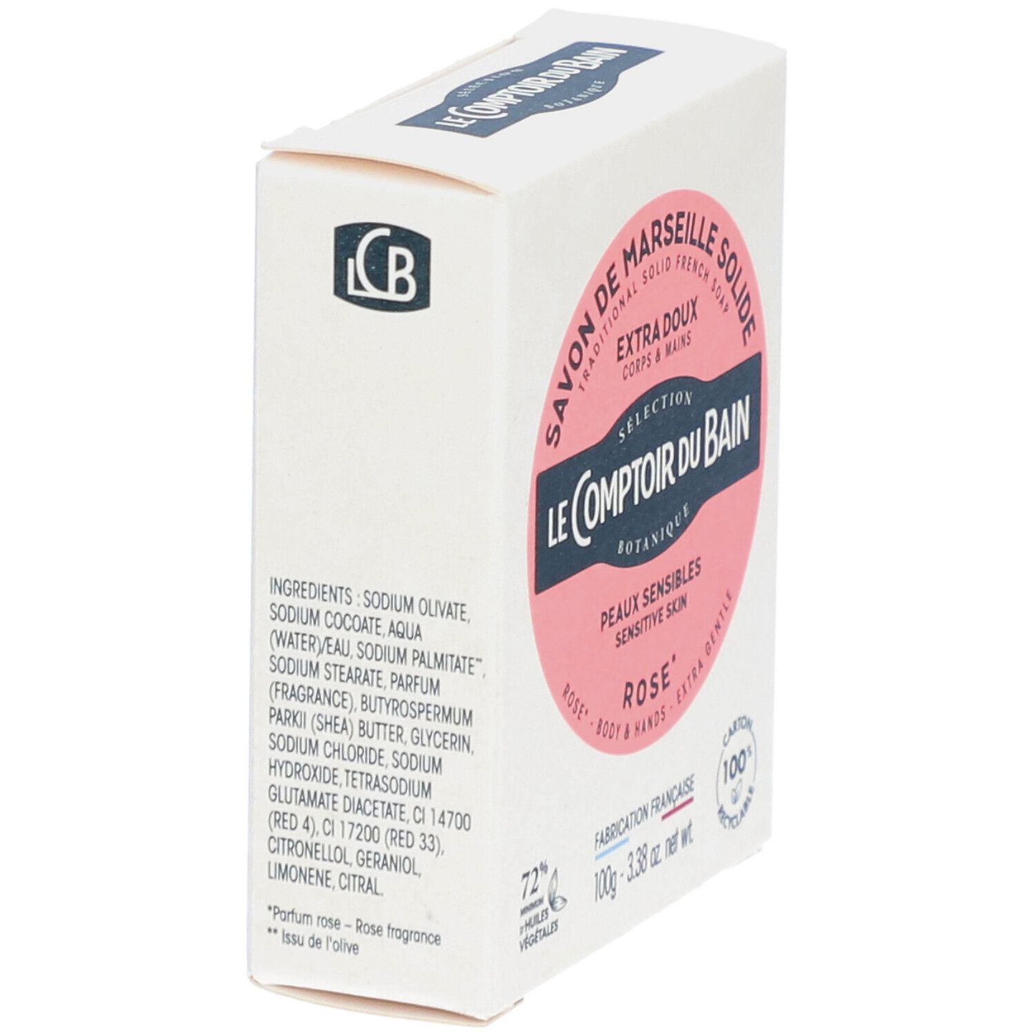 Boîte en carton blanche avec étiquette rose. Texte : Le Comptoir du Bain, Savon de Marseille solide Rose. Ingrédients.