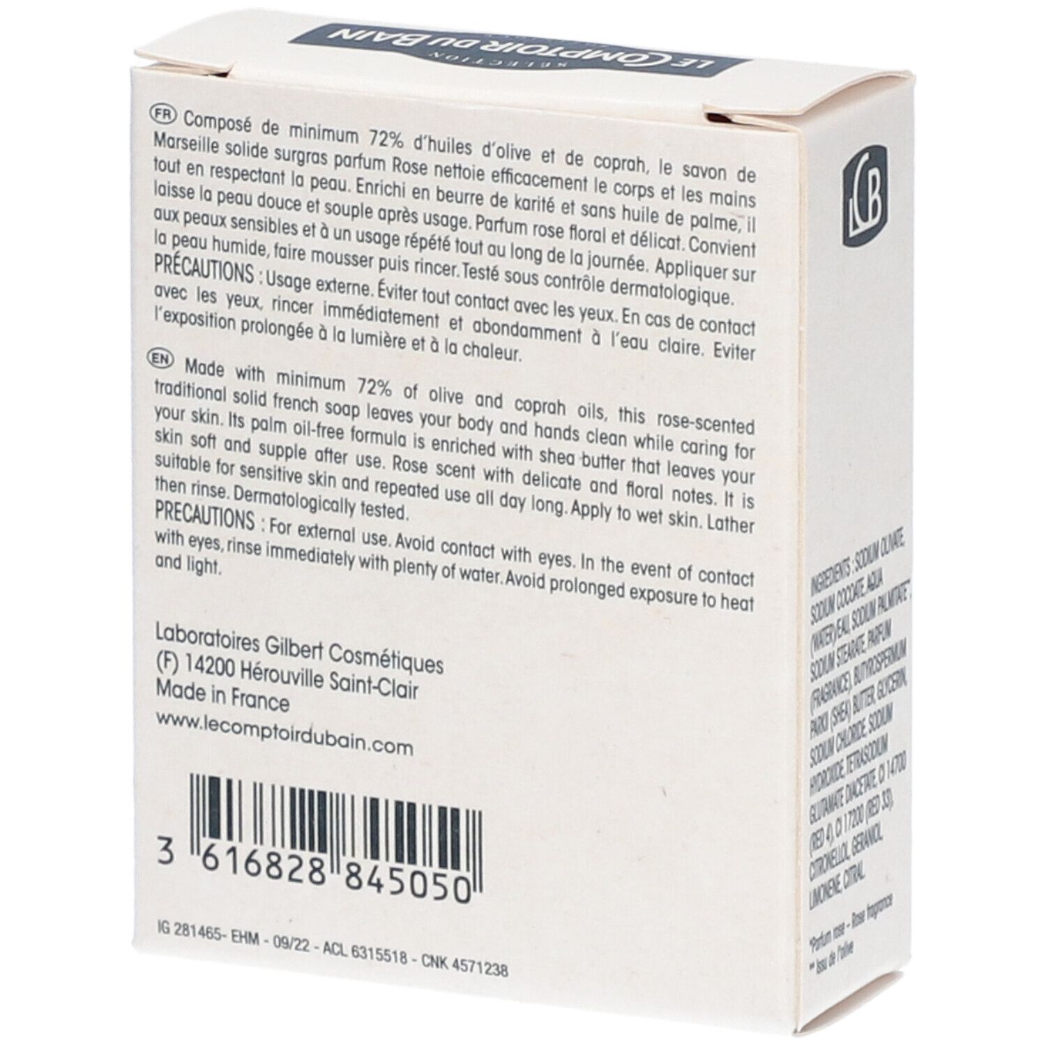 Dos de la boîte en carton blanche. Texte : Le Comptoir du Bain, ingrédients, mode d'emploi multilingue.