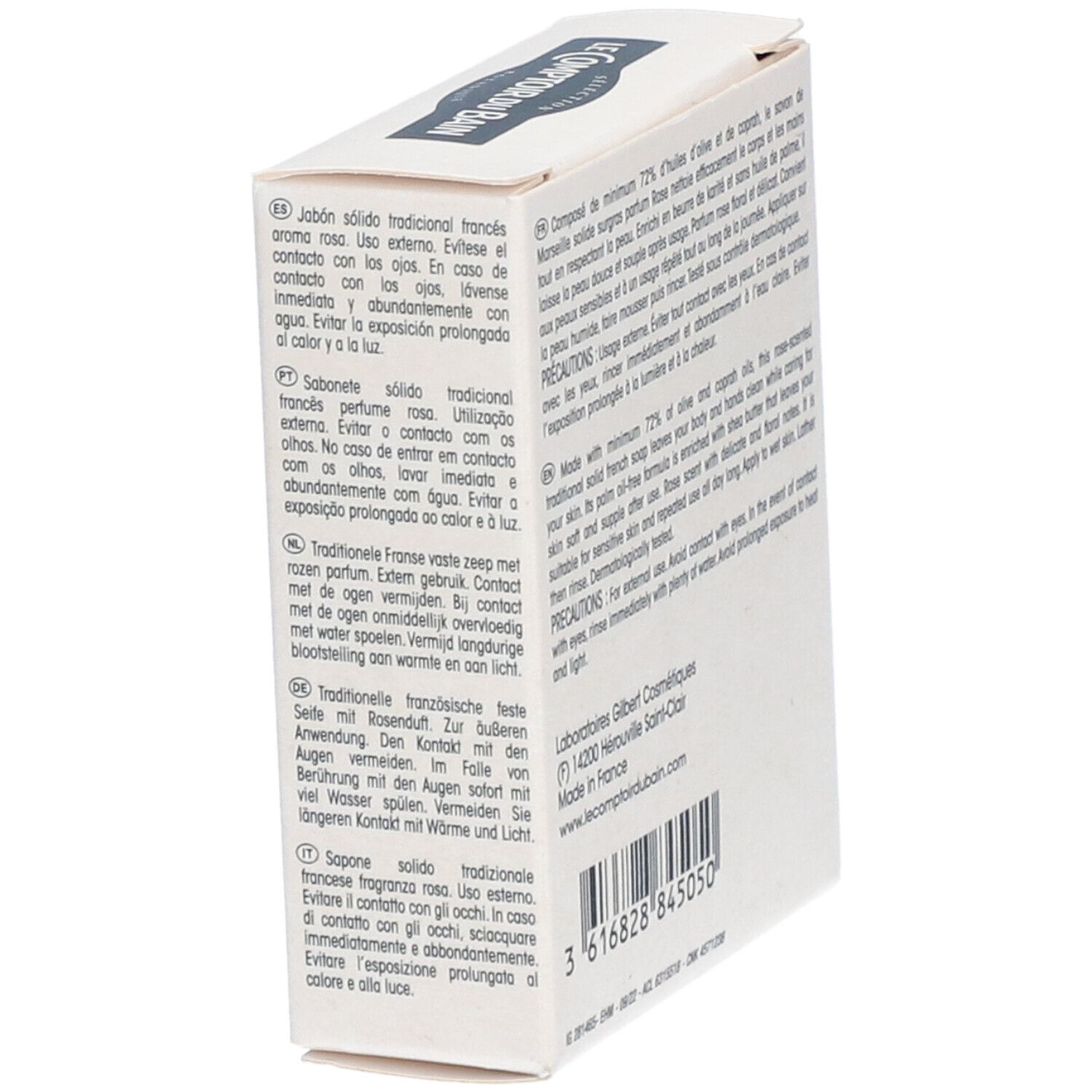 Dos de la boîte en carton blanche. Texte : Le Comptoir du Bain, mode d'emploi multilingue, code-barres.