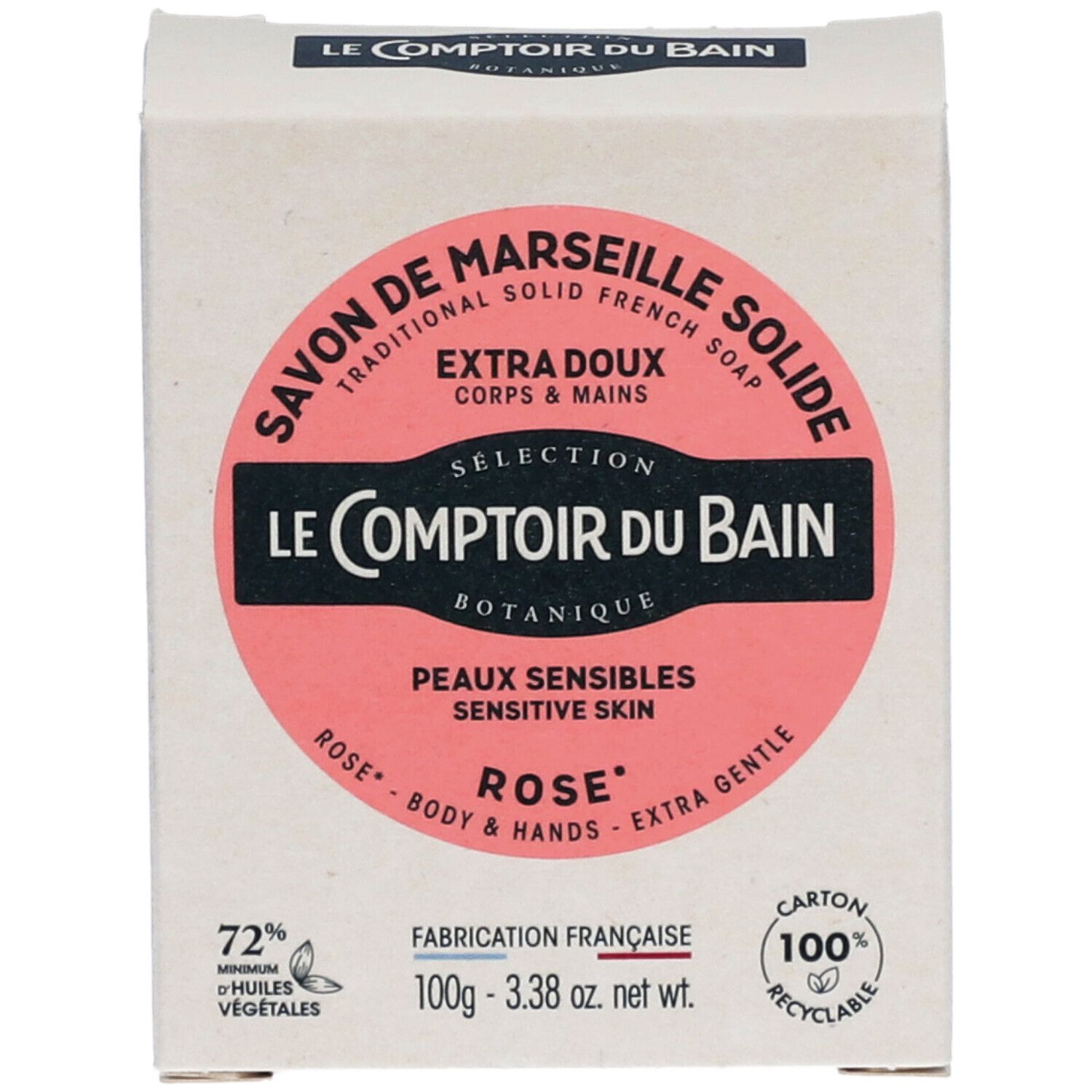 Boîte en carton blanche avec étiquette rose. Texte : Le Comptoir du Bain, Savon de Marseille solide Rose, 100g, recyclable.