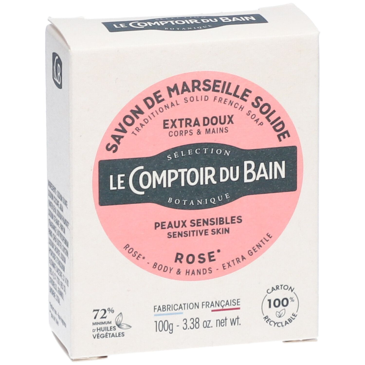 Boîte en carton blanche avec étiquette rose. Texte : Le Comptoir du Bain, Savon de Marseille solide Rose, 100g, recyclable.