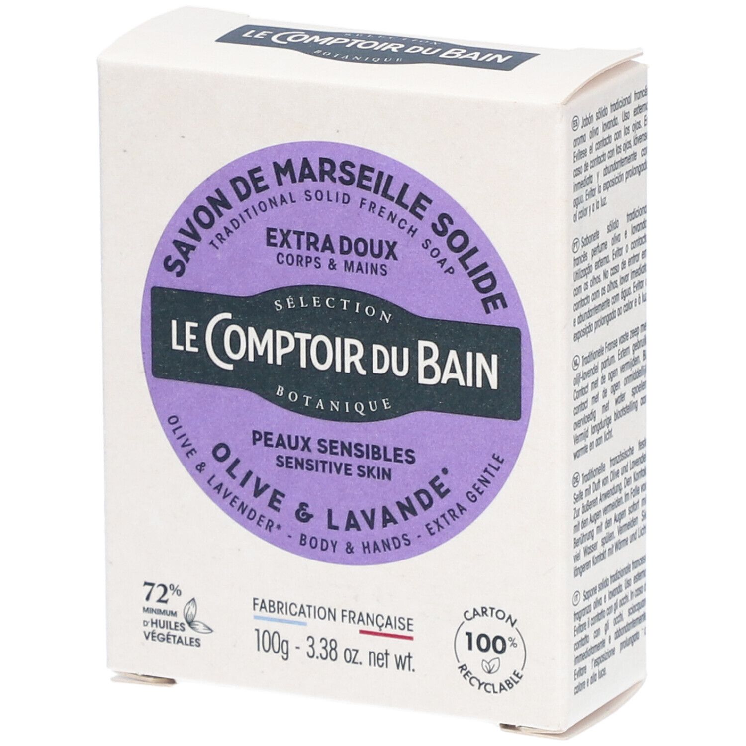 Boîte avec étiquette ronde violette. Texte: Savon de Marseille, Olive & Lavande, 72% Huiles Végétales, 100% recyclable.