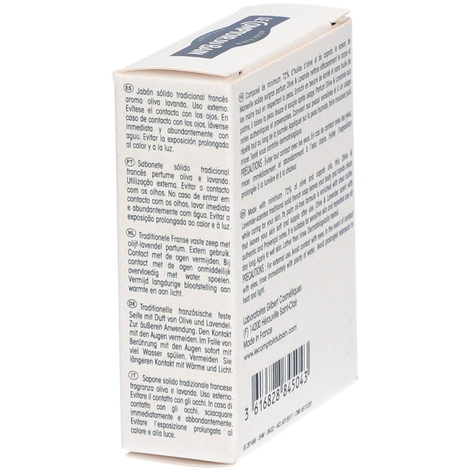 Dos de l'emballage. Texte multilingue. Code-barres et informations fabricant.