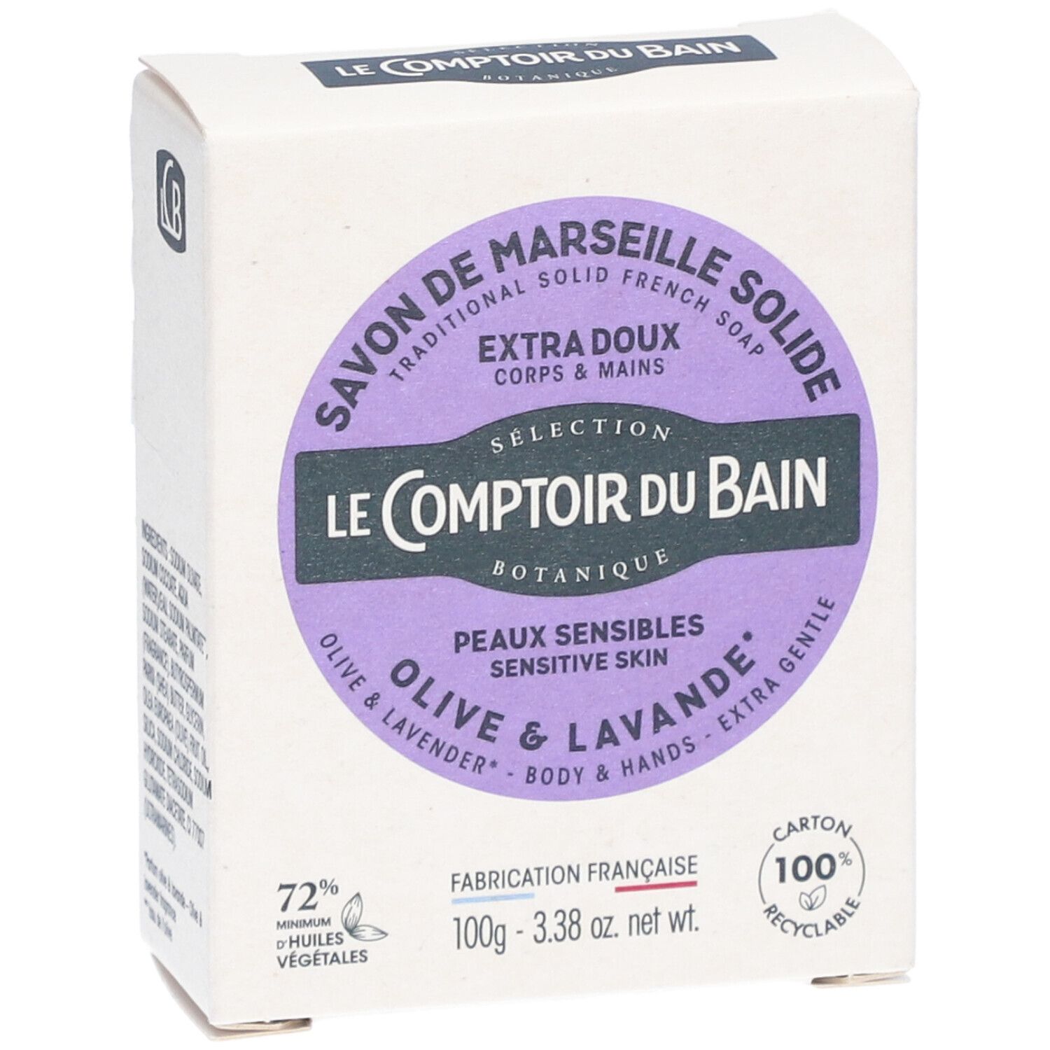 Boîte avec étiquette ronde violette. Texte: Savon de Marseille, Olive & Lavande, 72% Huiles Végétales, 100% recyclable.