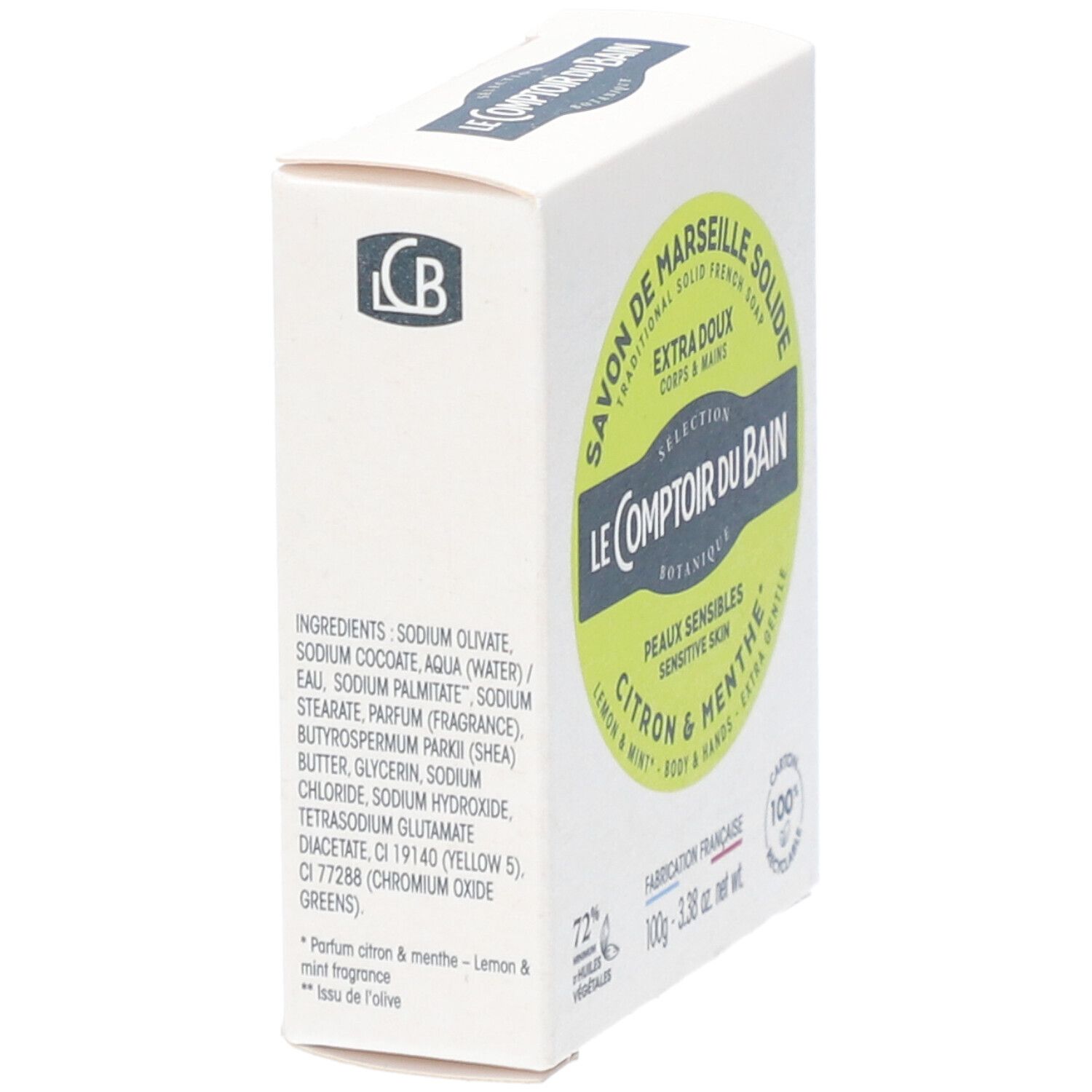 Boîte avec informations produit. Ingrédients, Savon de Marseille, Citron & Menthe, 100g.