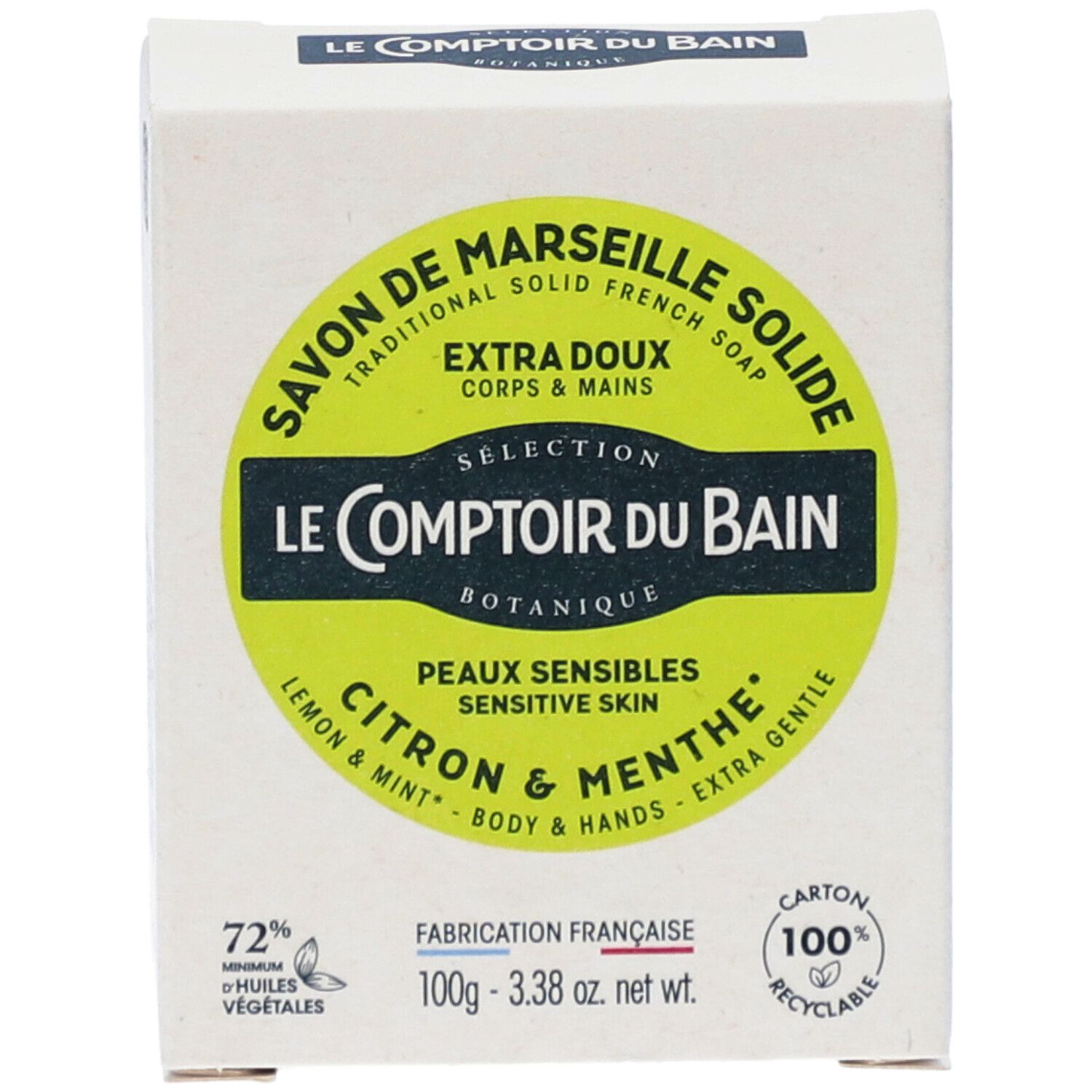 Face avant de la boîte. Texte: Savon de Marseille, Citron & Menthe, 100g, 72% huiles végétales.