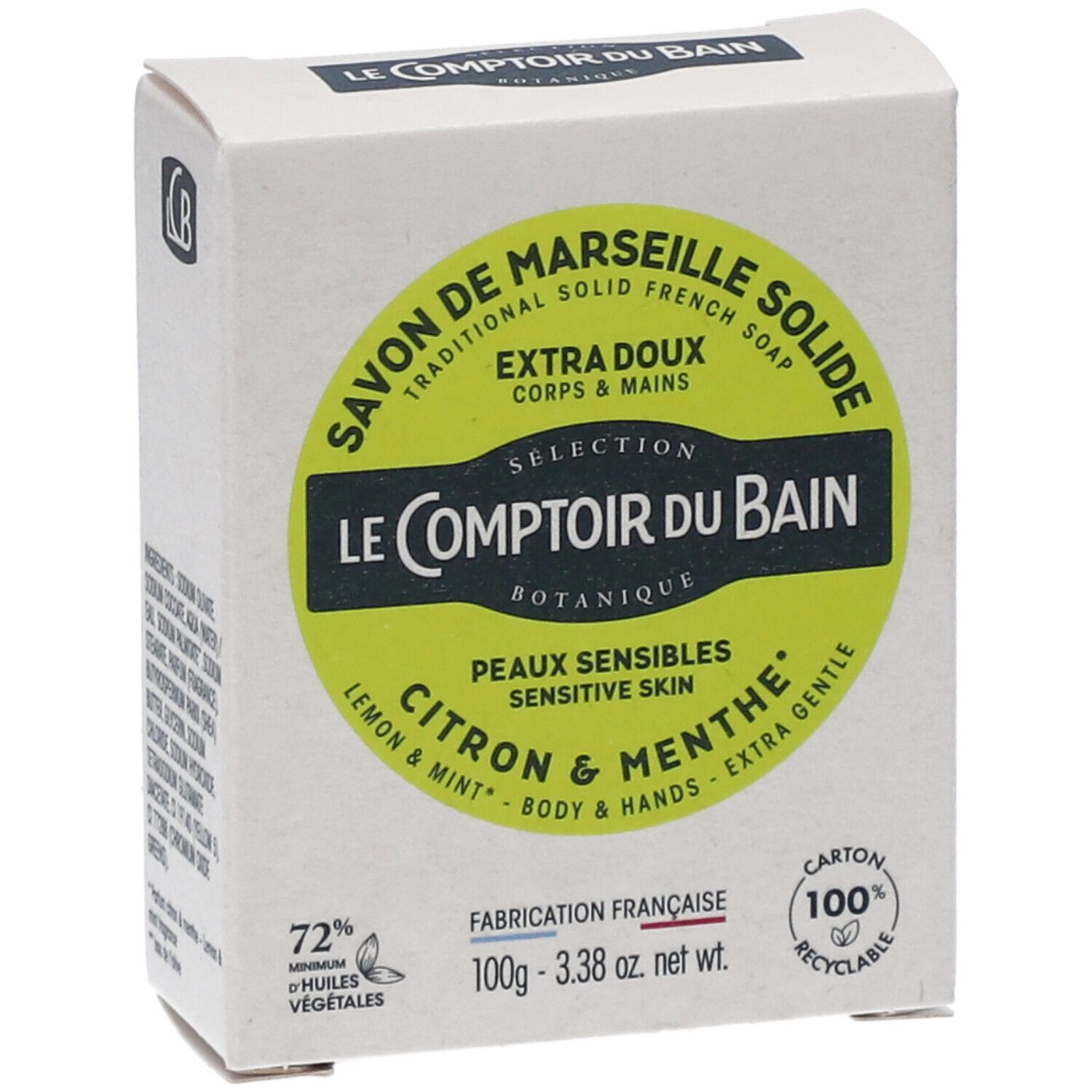 Boîte produit. Texte: Savon de Marseille, Citron & Menthe, 100g, 72% huiles végétales, 100% recyclable.
