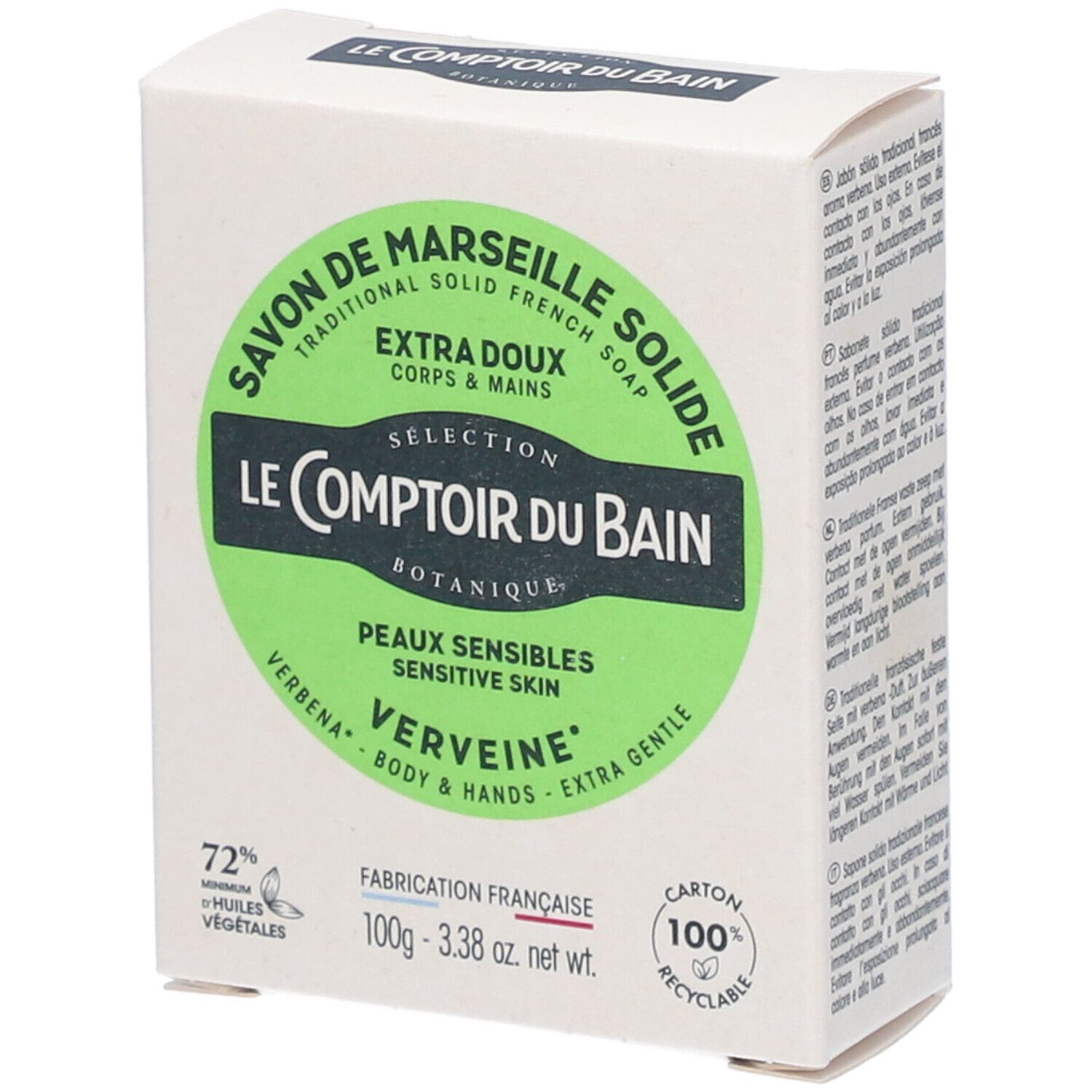 Boîte en carton avec étiquette verte. Texte: Savon de Marseille, Verveine, peaux sensibles. 100% recyclable.