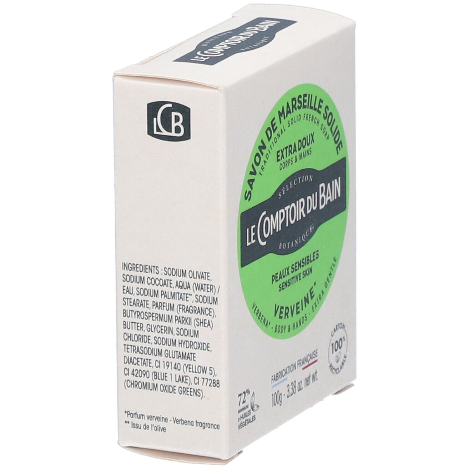 Boîte en carton, en biais. Étiquette verte avec texte: Savon de Marseille, Verveine. Liste des ingrédients et logo LCB.