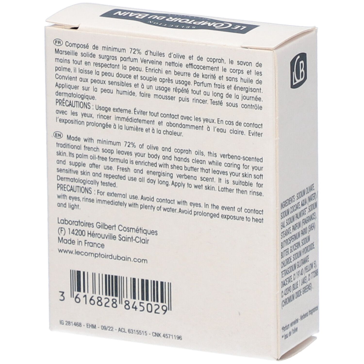 Dos de la boîte en carton. Texte en français: mode d'emploi, ingrédients, informations fabricant et code-barres.