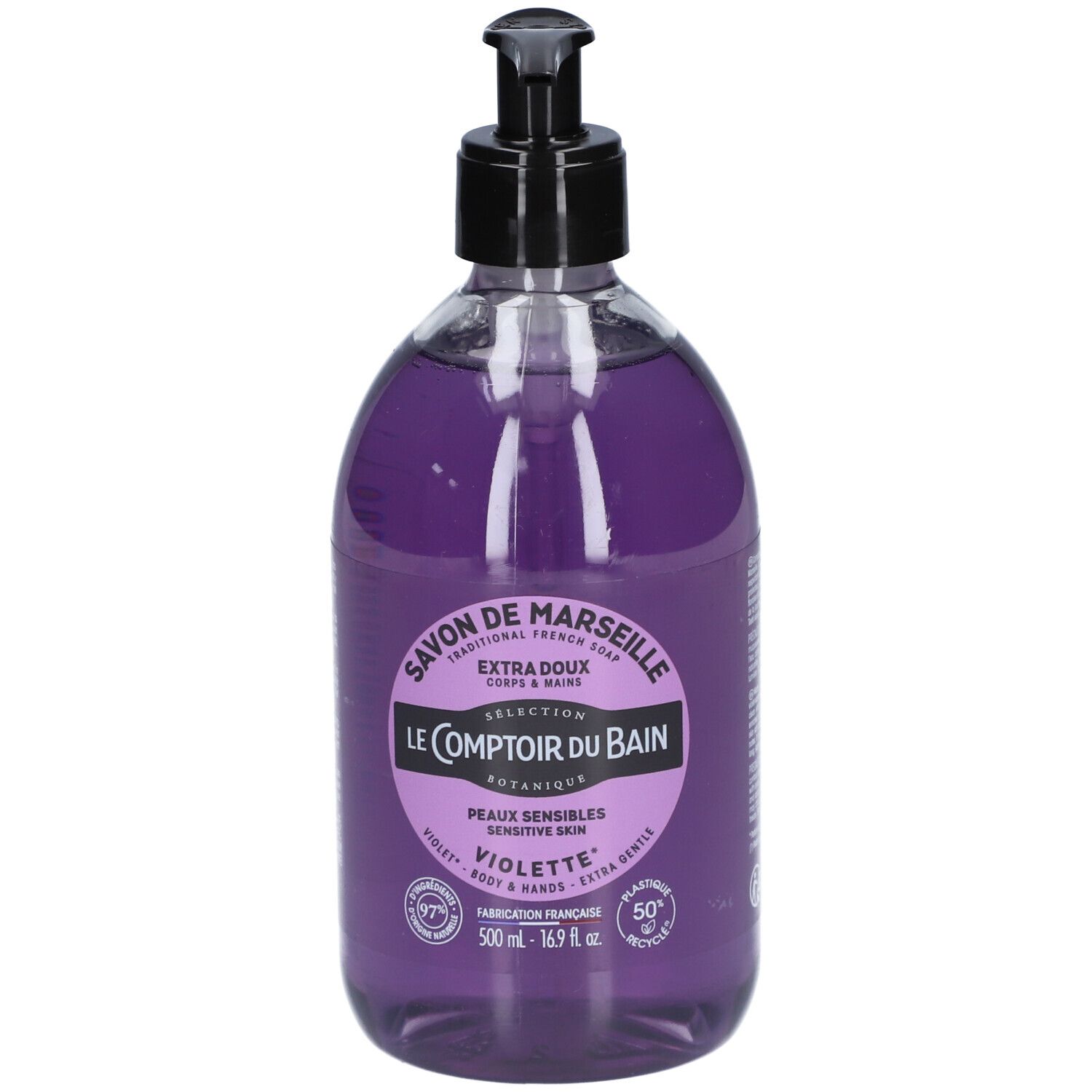 Flacon de savon liquide violet avec pompe. Inscriptions: Savon de Marseille, Le Comptoir du Bain, Violette, pour peaux sensibles.