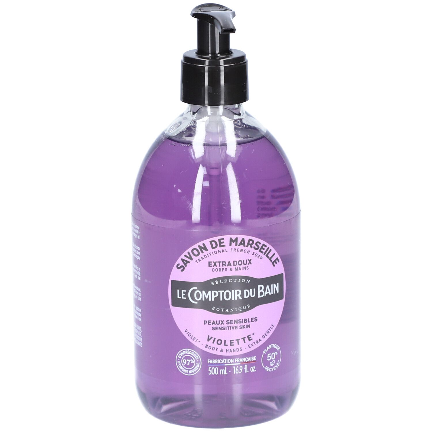 Flacon de savon liquide violet avec pompe. Inscriptions: Savon de Marseille, Le Comptoir du Bain, Violette, pour peaux sensibles.