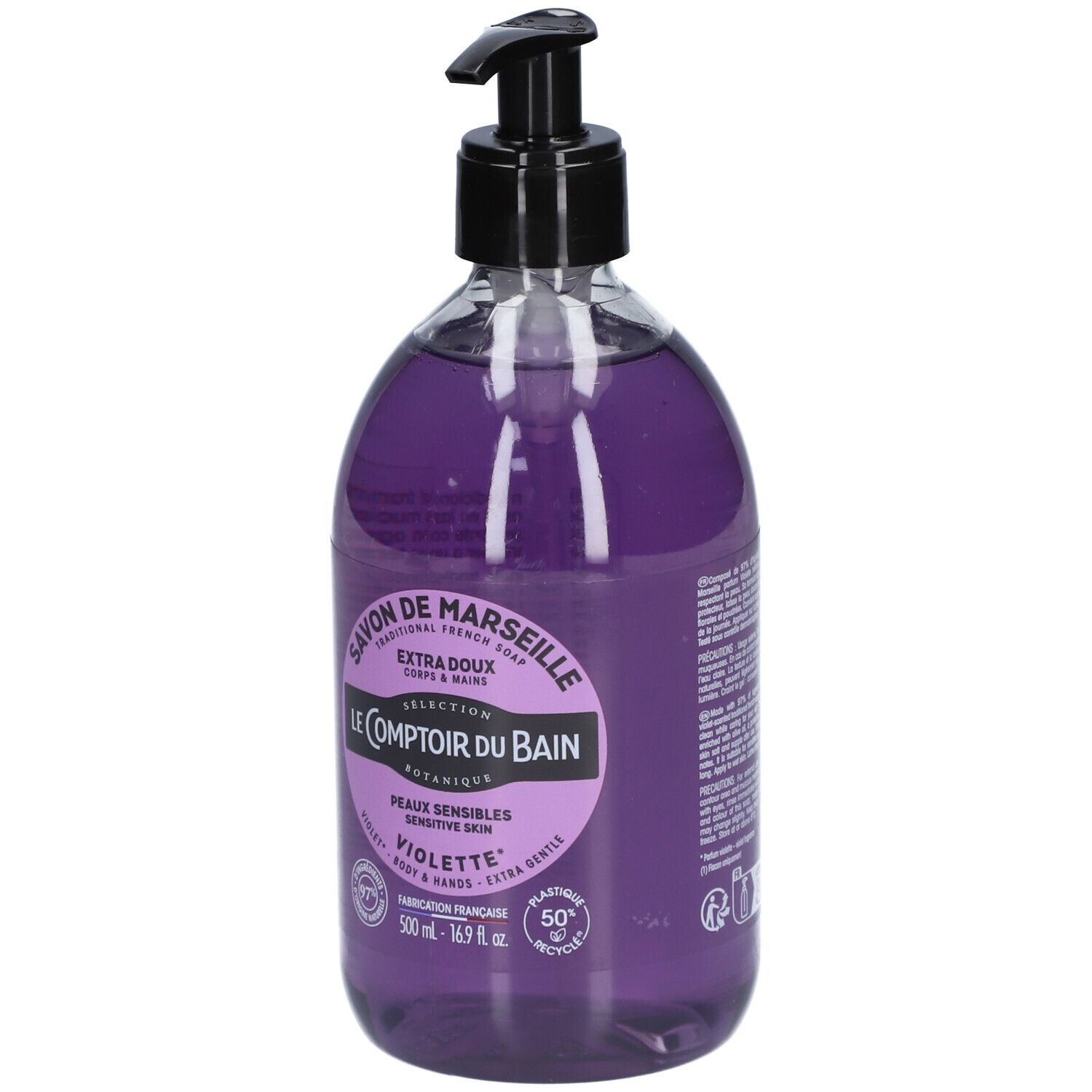 Flacon de savon liquide violet avec pompe. Inscriptions: Savon de Marseille, Le Comptoir du Bain, Violette, pour peaux sensibles.