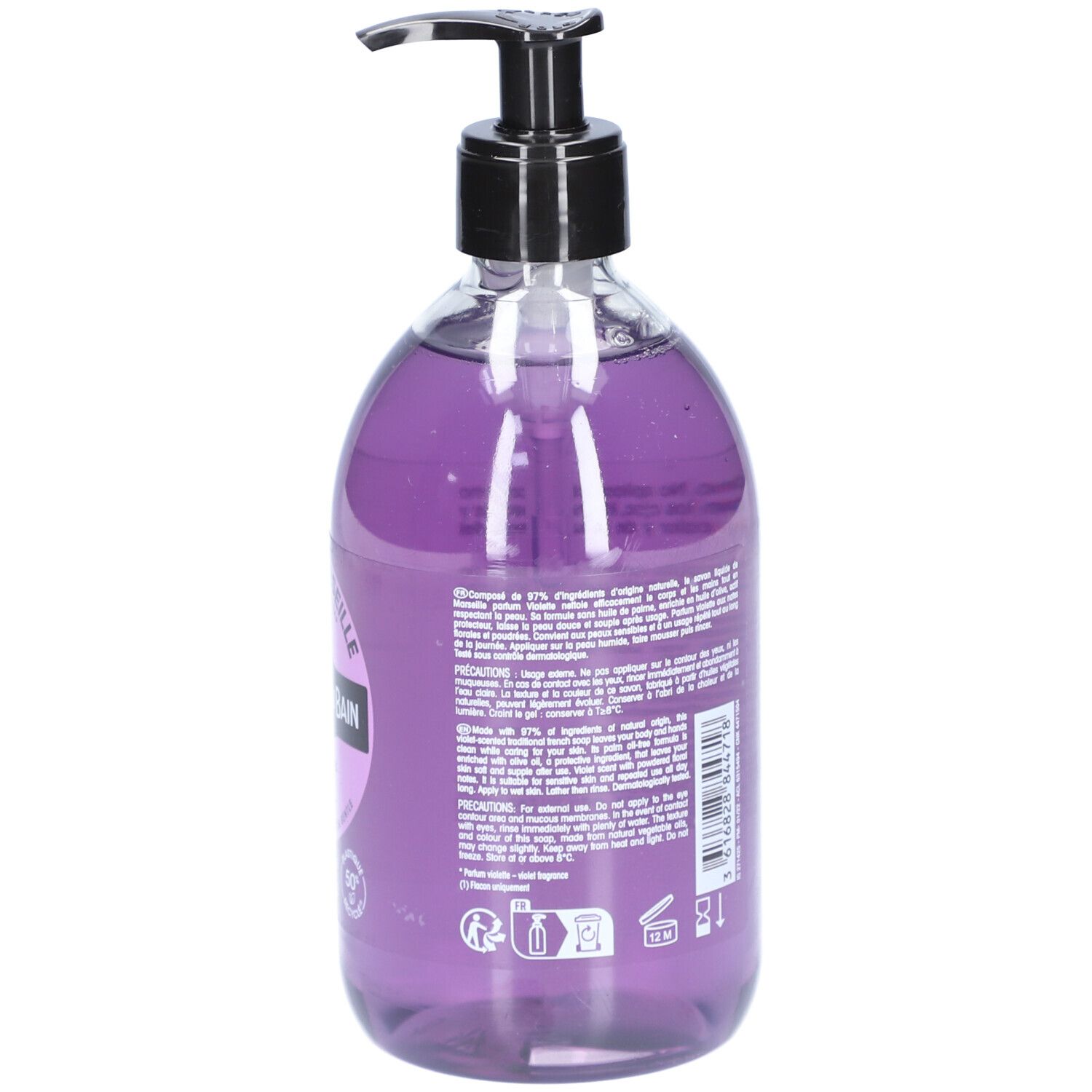Dos du flacon de savon liquide violet avec texte. Inscriptions: Savon de Marseille, Le Comptoir du Bain. Ingrédients et avertissements.