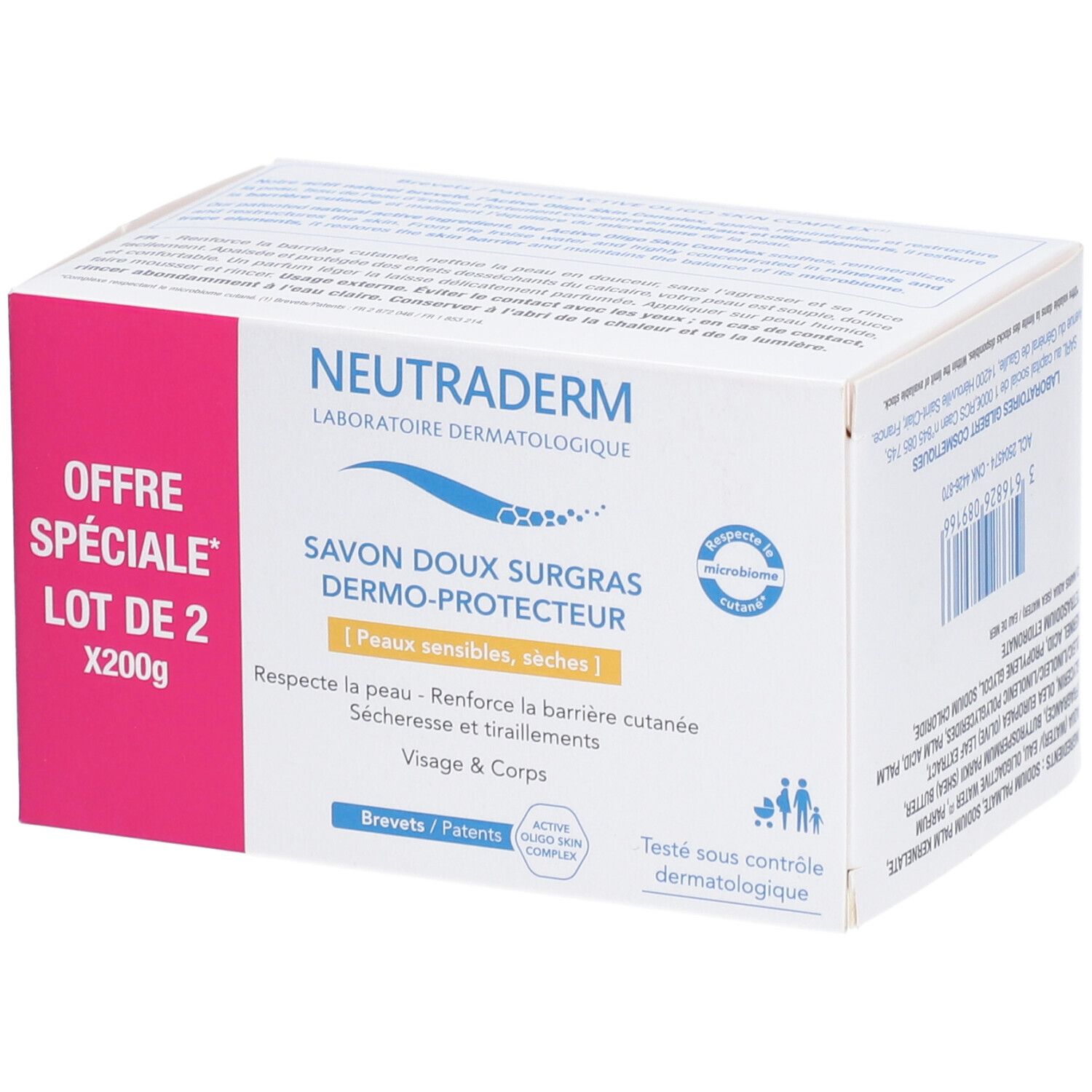 Boîte de NEUTRADERM® Dermo-Protect. Inscription « OFFRE SPÉCIALE LOT DE 2 X200g ». Savon doux surgras, pour peaux sensibles et sèches.