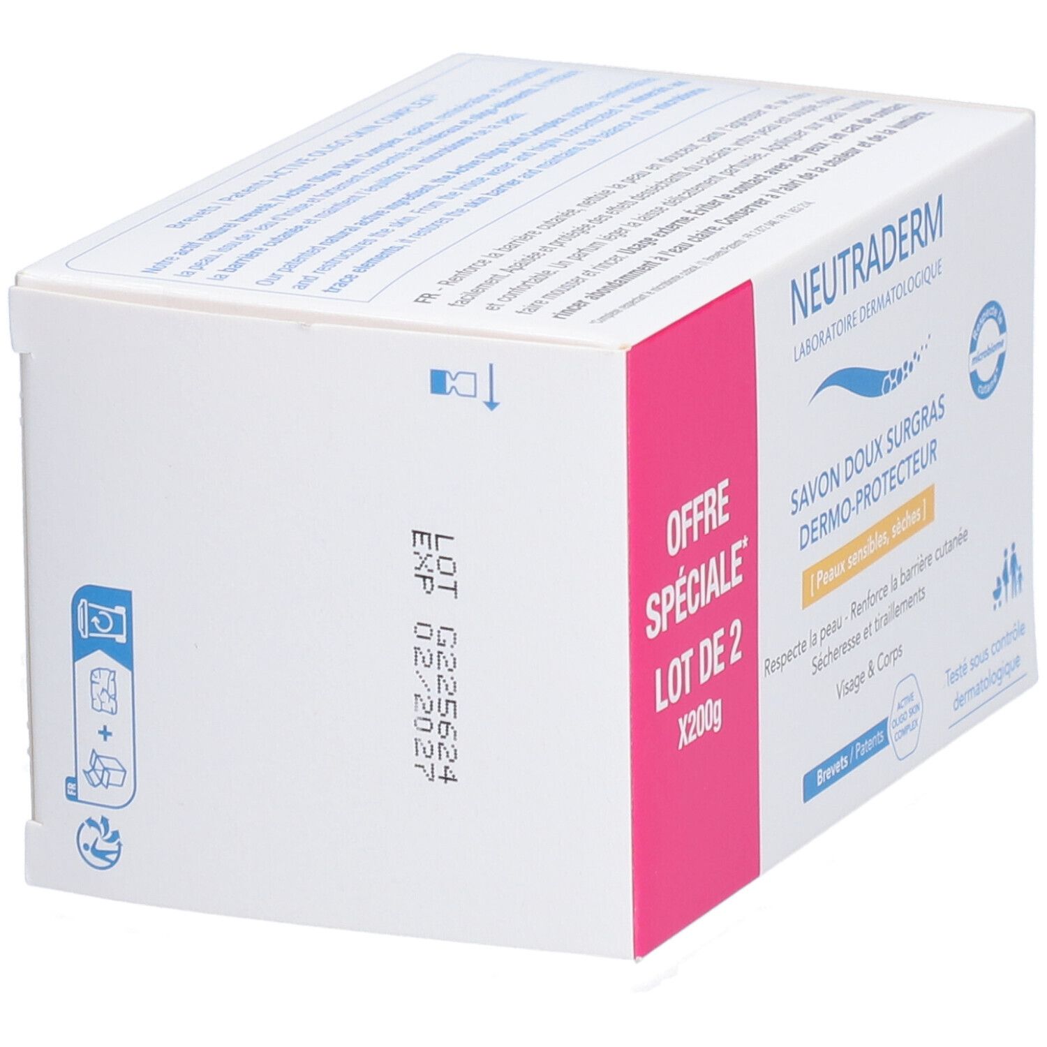 Boîte de NEUTRADERM® Dermo-Protect. Inscription « OFFRE SPÉCIALE LOT DE 2 X200g ». Savon doux surgras, pour peaux sensibles et sèches.