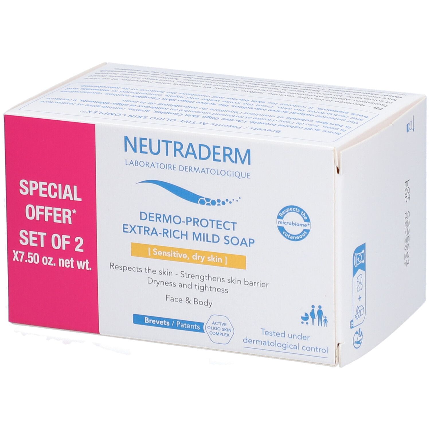 Boîte de NEUTRADERM® Dermo-Protect Extra-Rich Mild Soap. Inscription « SPECIAL OFFER SET OF 2 X7.50 oz. net wt. ». Pour peaux sensibles et sèches.
