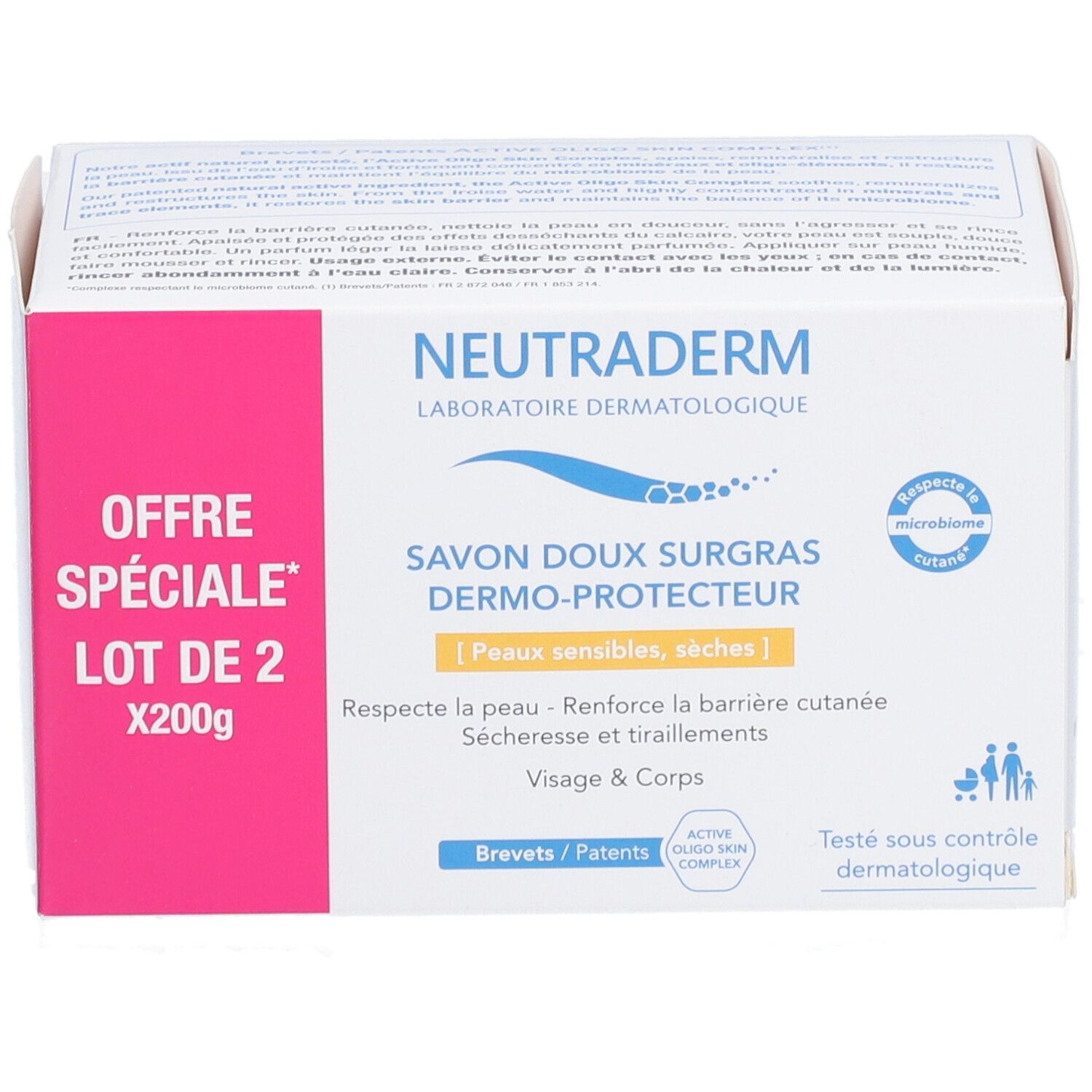 Boîte de NEUTRADERM® Dermo-Protect. Inscription « OFFRE SPÉCIALE LOT DE 2 X200g ». Savon doux surgras, pour peaux sensibles et sèches.
