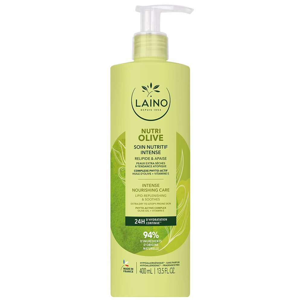 Flacon vert avec pompe. Inscription: LAINO, Nutri Olive, Soin nutritif intense. 24H Hydratation.