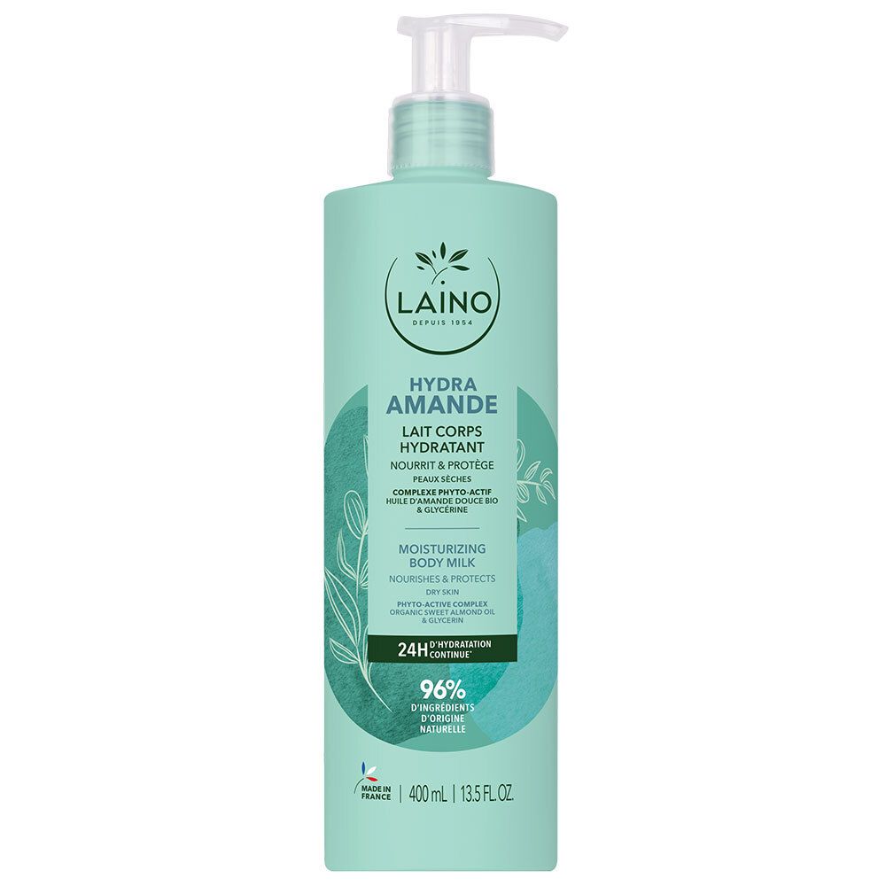 Flacon vert clair avec pompe. Inscription : Laino, Hydra Amande, Lait Corps Hydratant. 400ml.