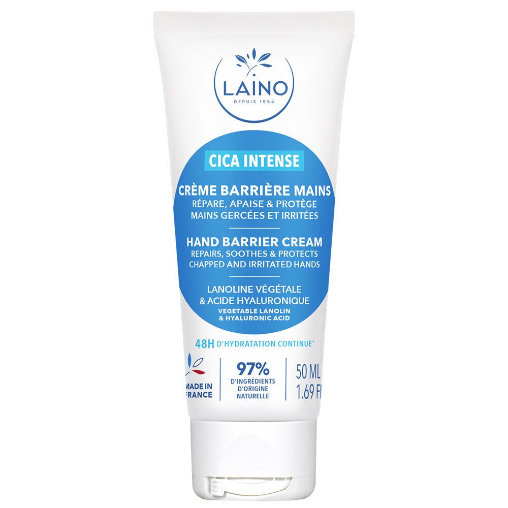 Tube blanc avec étiquette bleue. Texte: Cica Intense, Crème Barrière Mains, Hand Barrier Cream. Contient 50 ml.